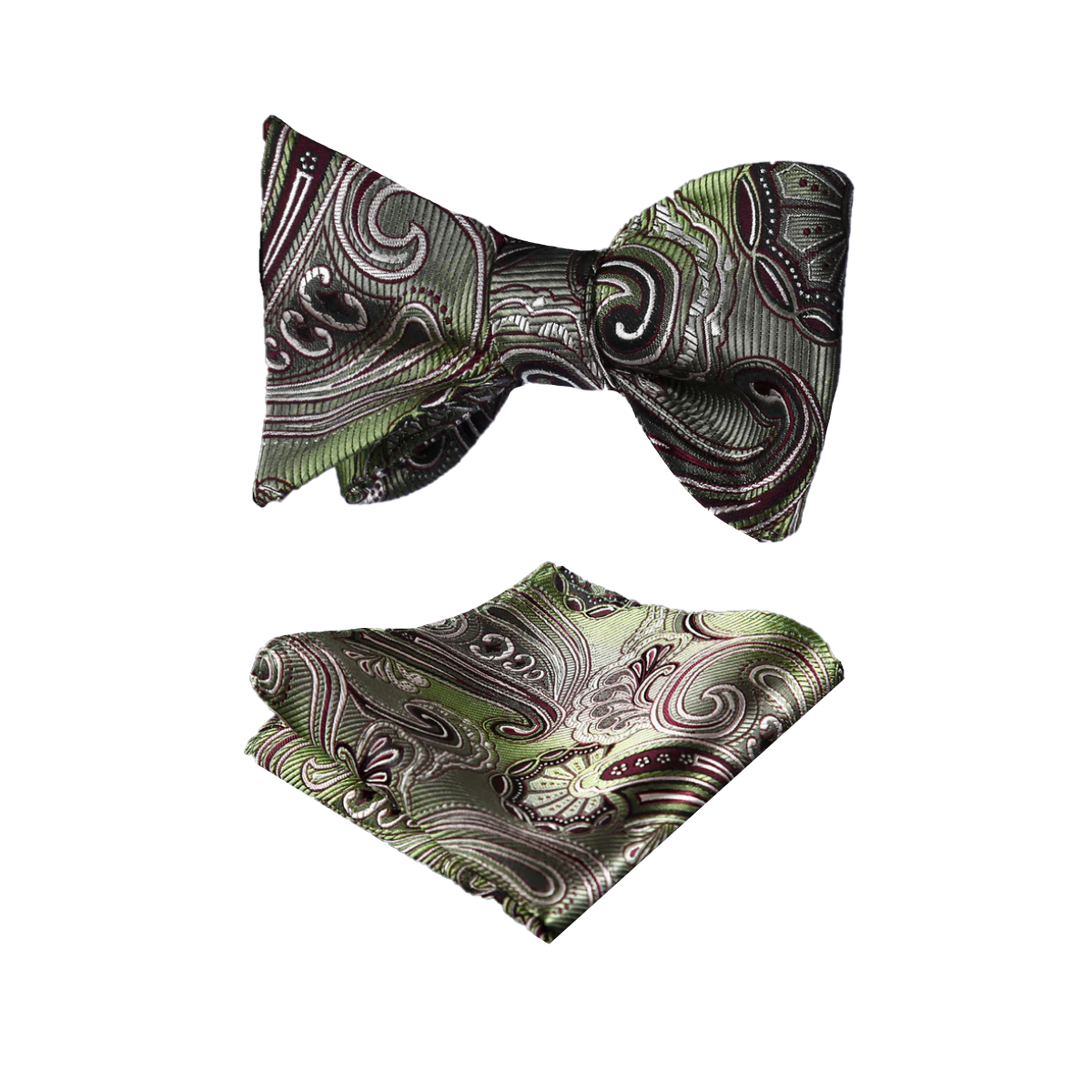 A Green, Burgundy Paisley Pattern Silk Bow Tie, Matching Silk Pocket Square