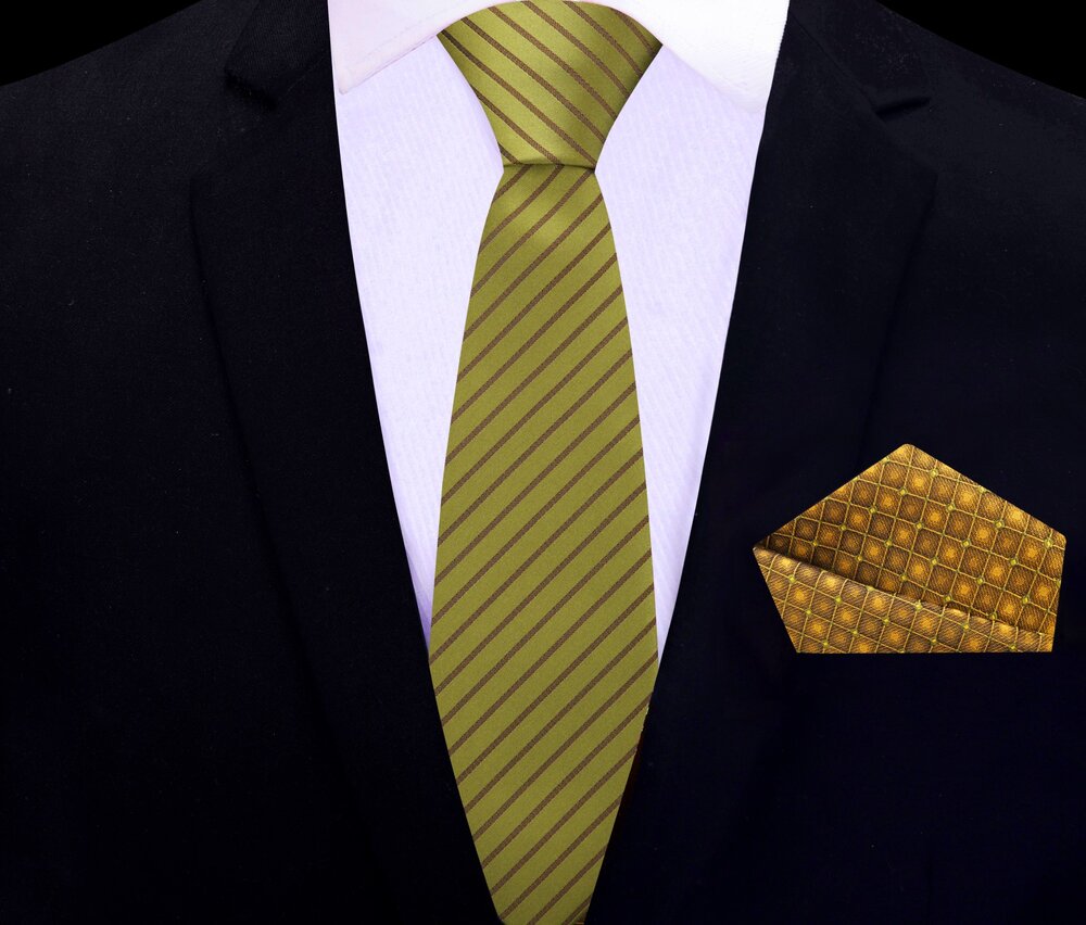 Thin Tie: Olive Green, Brown, Gold Stripe Silk Necktie and Pocket Square||Olive