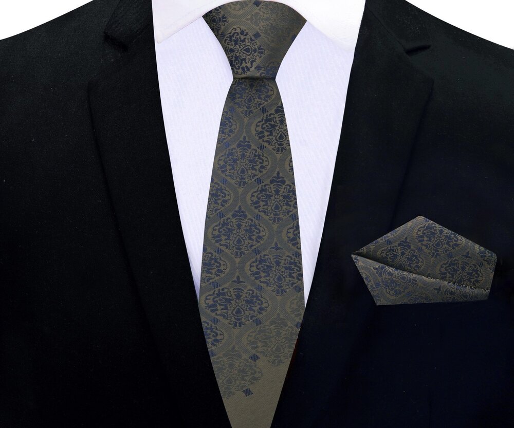 Thin tie: Deep Olive Green, Deep Blue Abstract Tie||Green