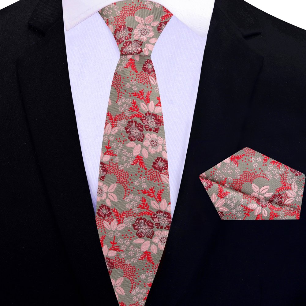 Barely Olive, Red, Burgundy Floral Thin Tie and Square||Barely Olive/Red