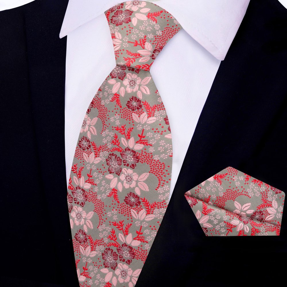 Barely Olive, Red, Burgundy Floral Tie and Square||Barely Olive/Red