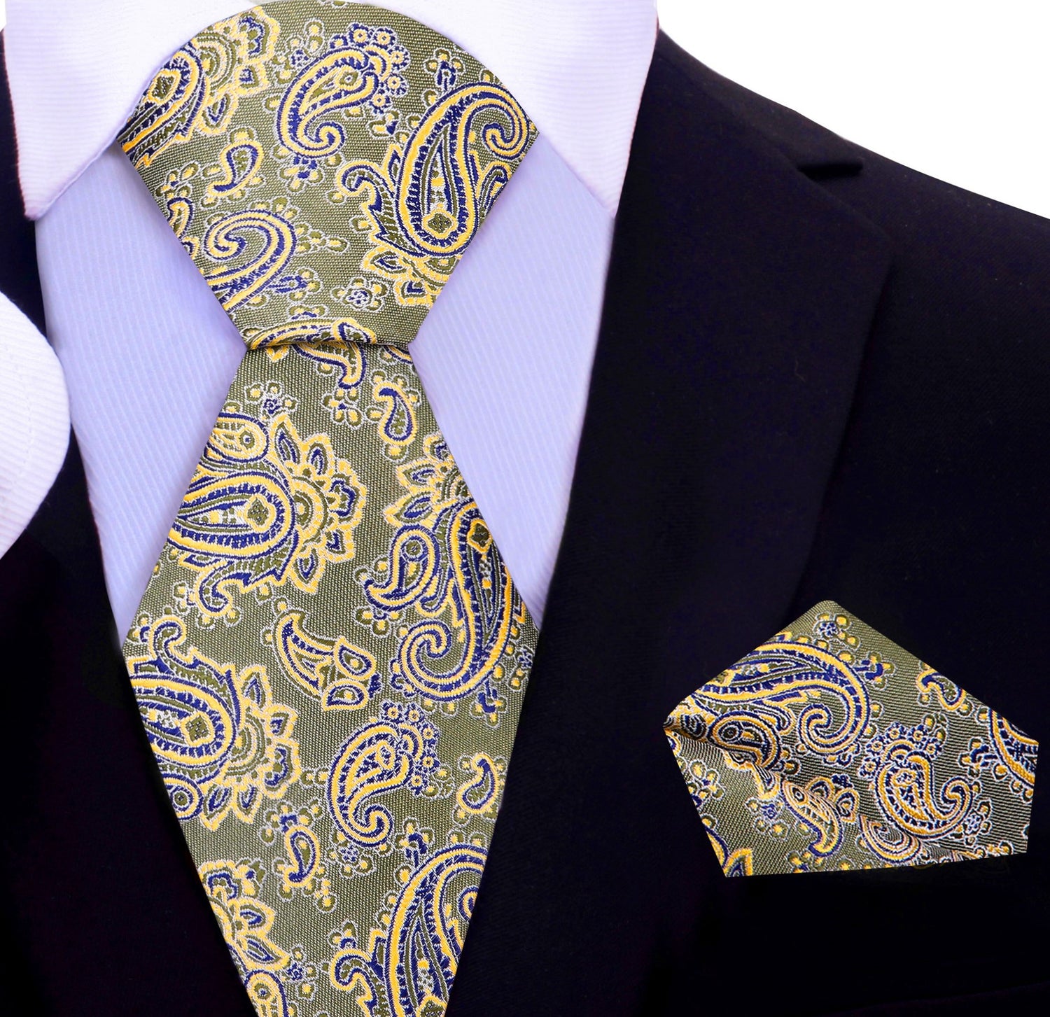 A Olive, Gold Paisley Pattern Silk Necktie, Matching Pocket Square