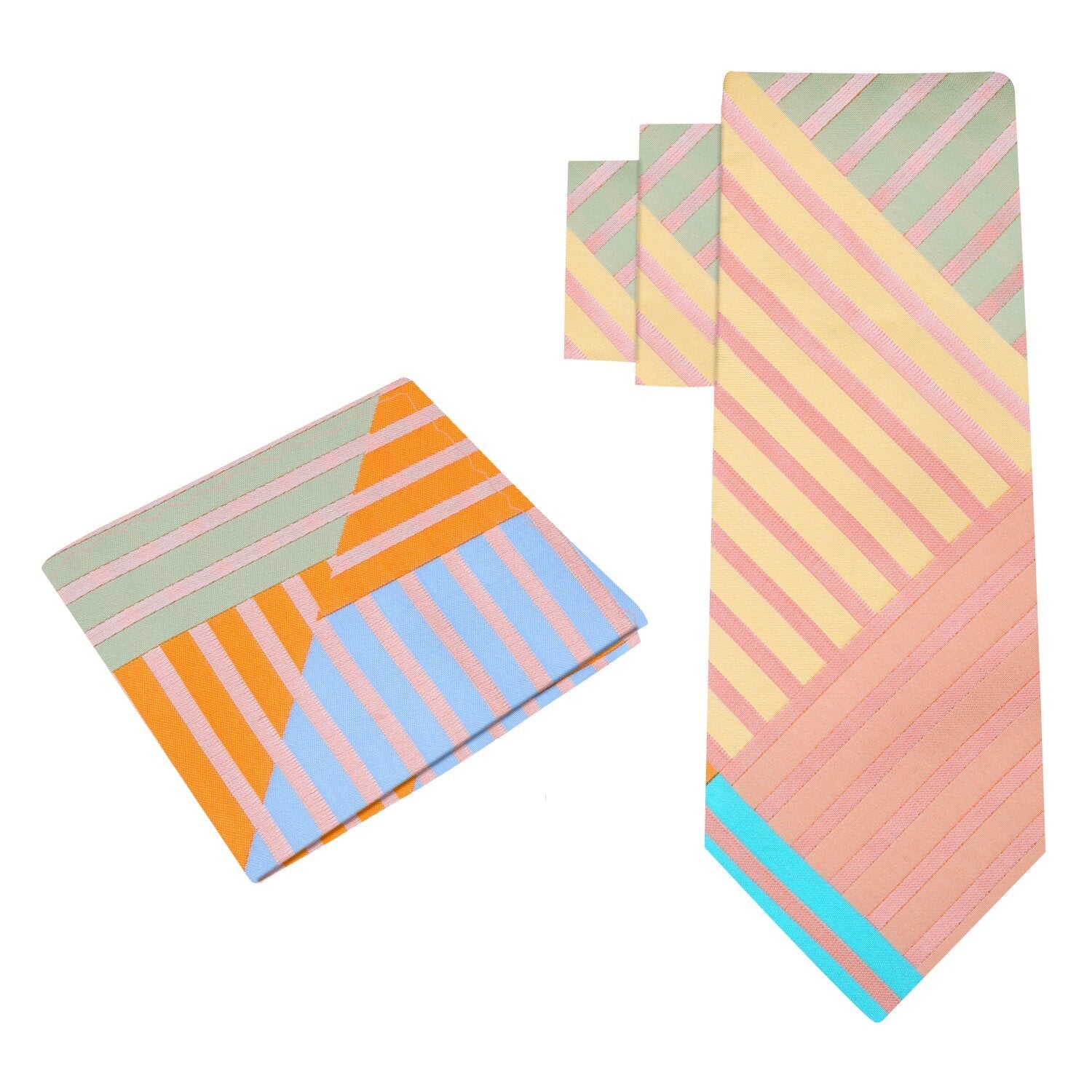Orange, Peach and Blue Geometric Lines Tie and Pocket Square