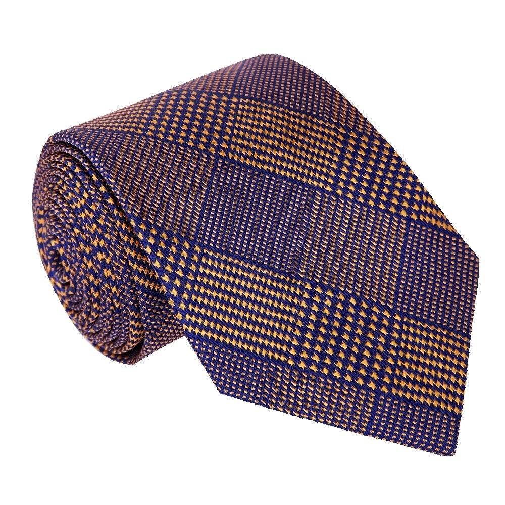 A Dark Blue With Orange Geometric Pattern Silk Necktie
