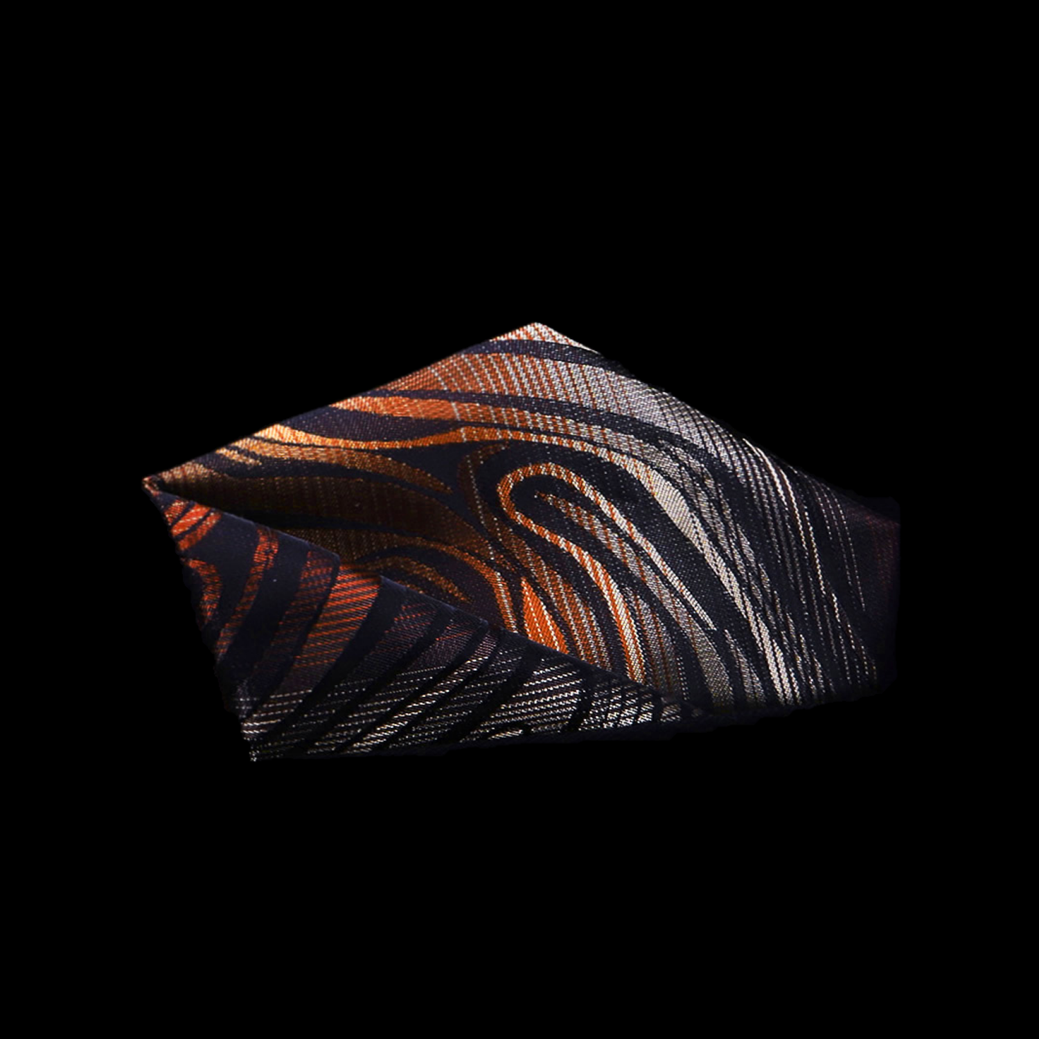 View 2: A Black, Orange, Grey Abstract Fire Pattern Silk Pocket Square