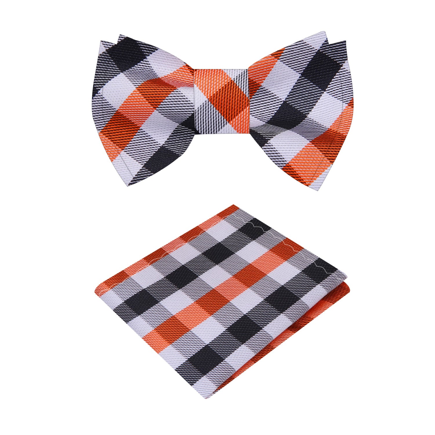A Orange, Black, White Geometric Diamond Pattern Silk Self Tie Bow Tie, Matching Pocket Square