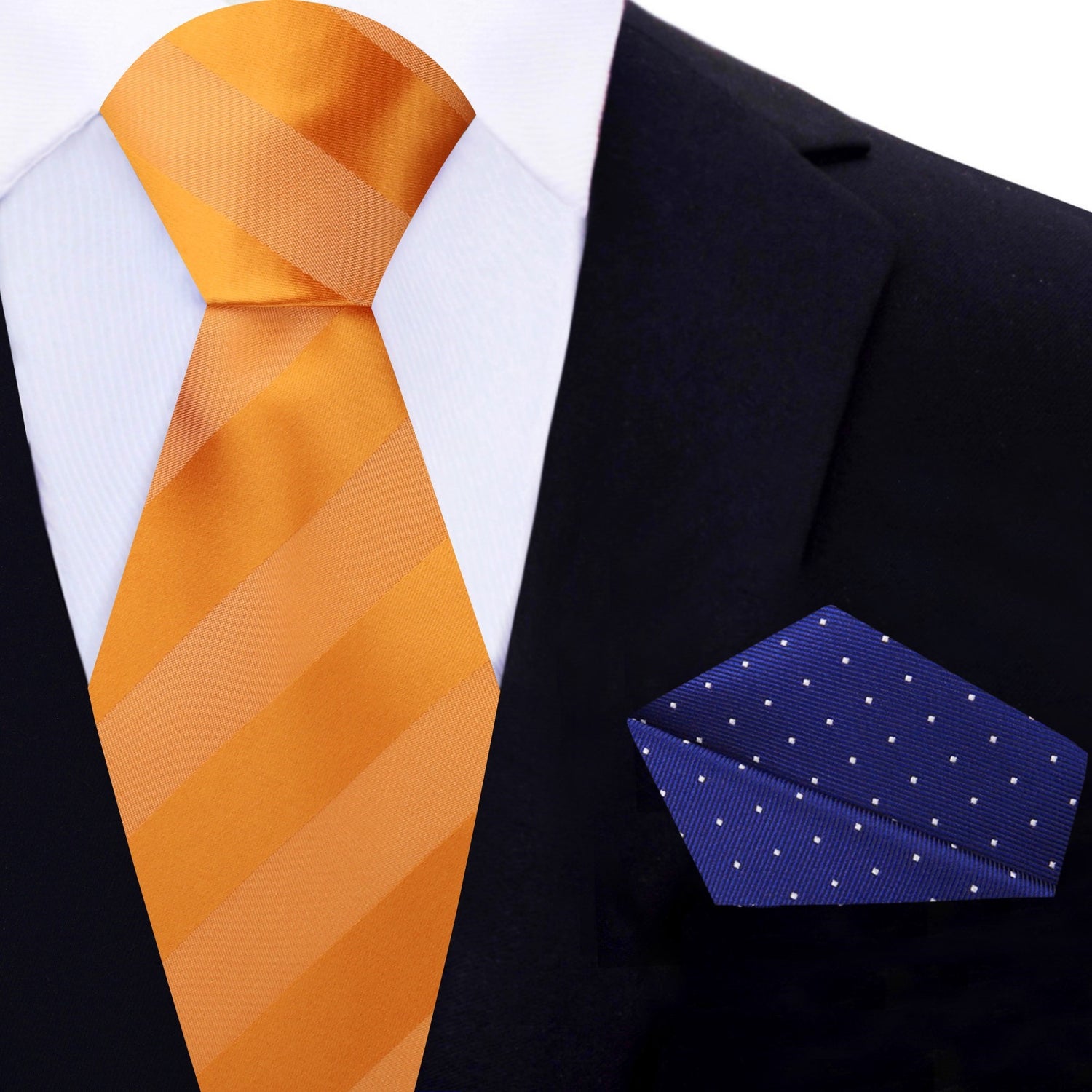 Rich Orange Block Stripe Tie with Dark Blue and White Dot Pocket Square