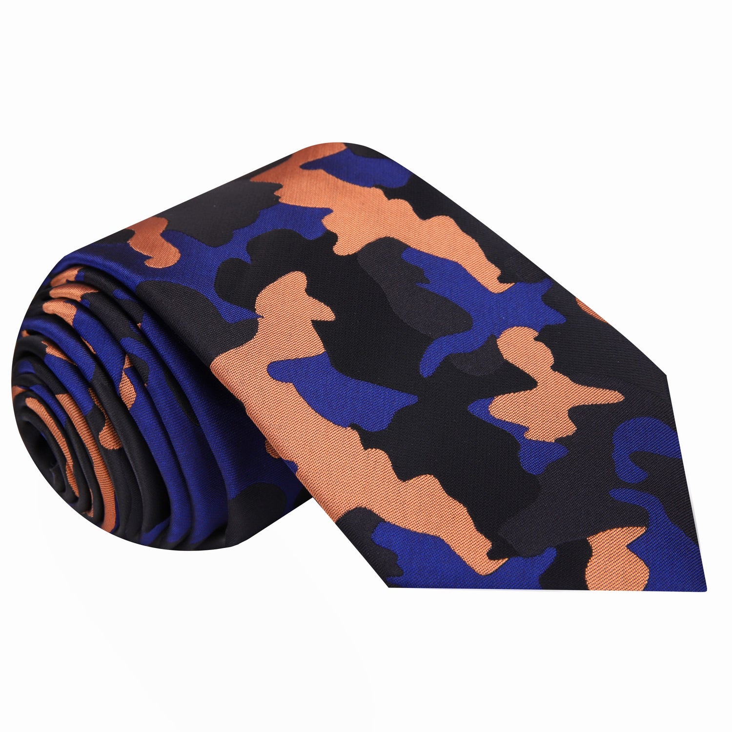 A Orange, Blue, Black Color Camouflage Fleck Pattern Silk Necktie 