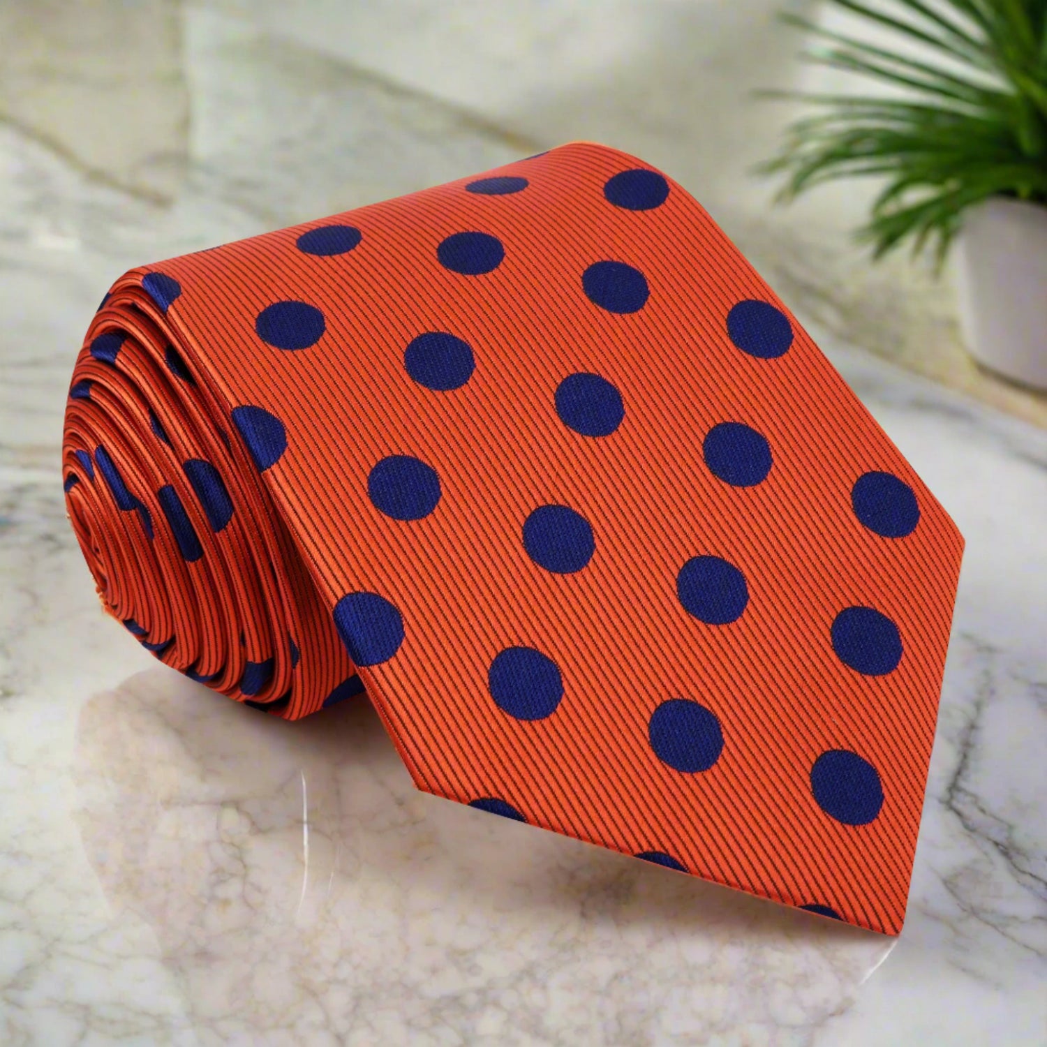 A Orange, Blue Polka Dot Pattern Silk Necktie 