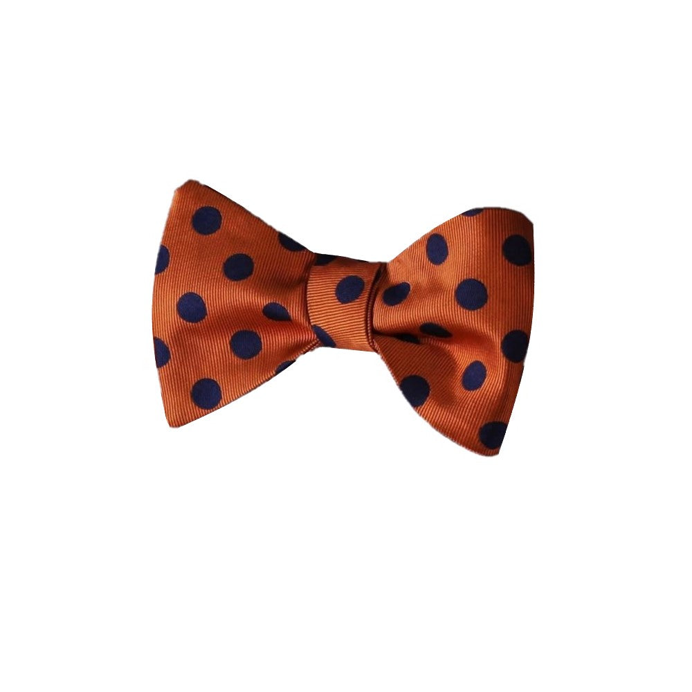 A Orange, Blue Polka Pattern Silk Self Tie Bow Tie Bow Tie 