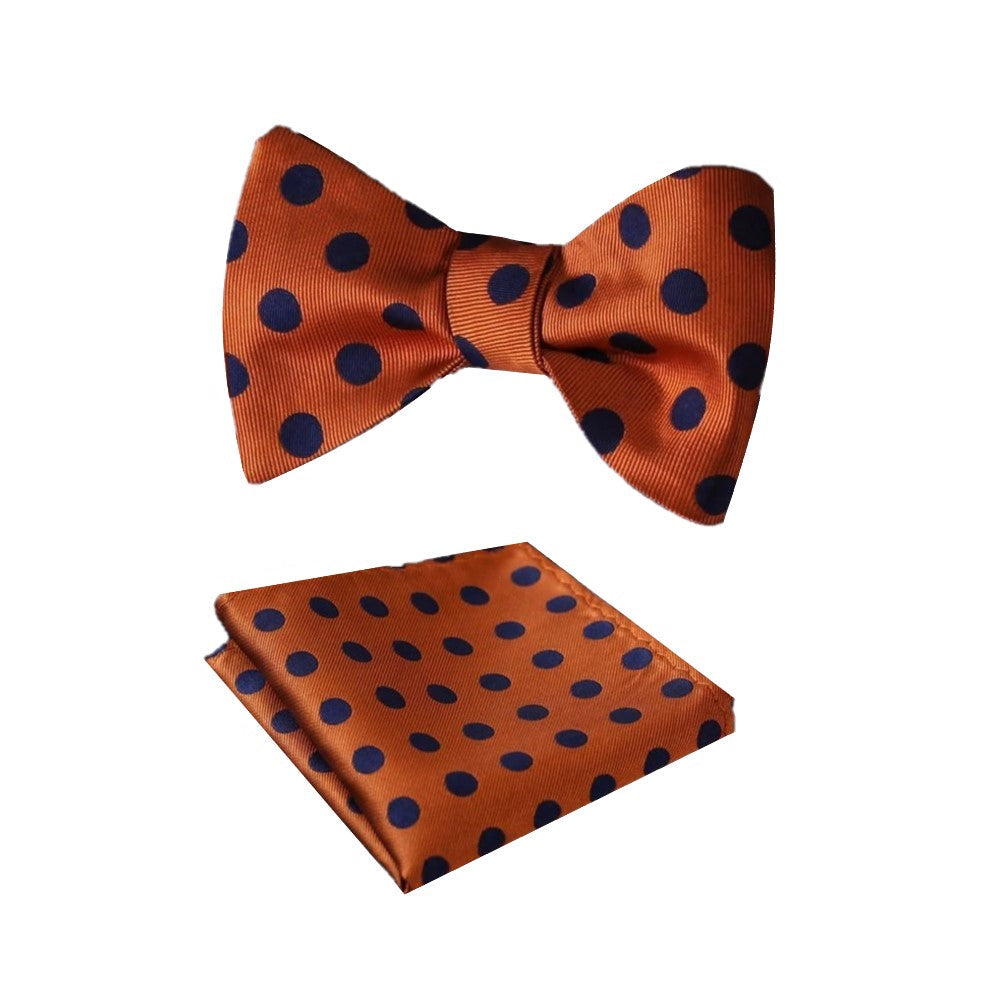 A Orange, Blue Polka Pattern Silk Pre Tied Bow Tie, Matching Pocket Square