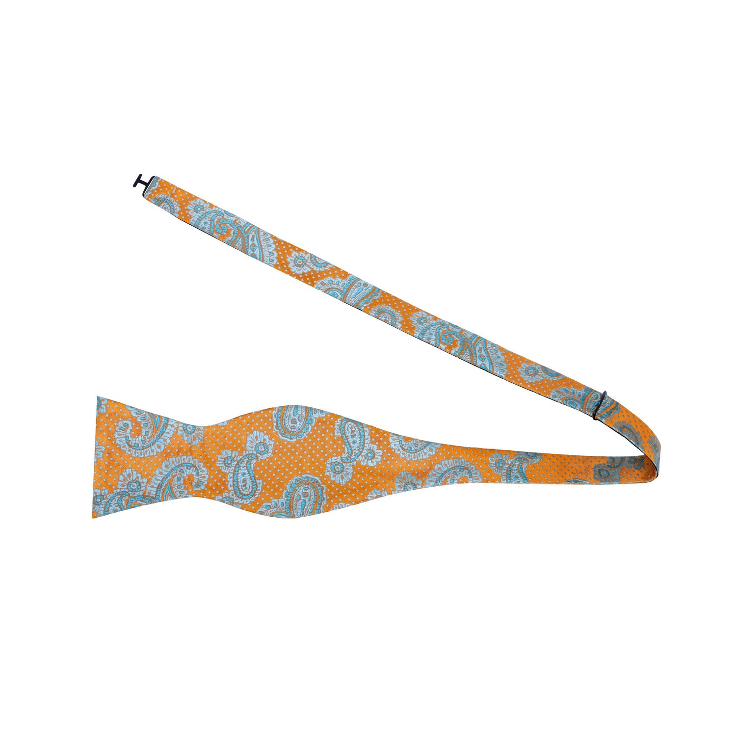 A Light Orange and Ice Blue Paisley Pattern Silk Self Tie Bow Tie Untied