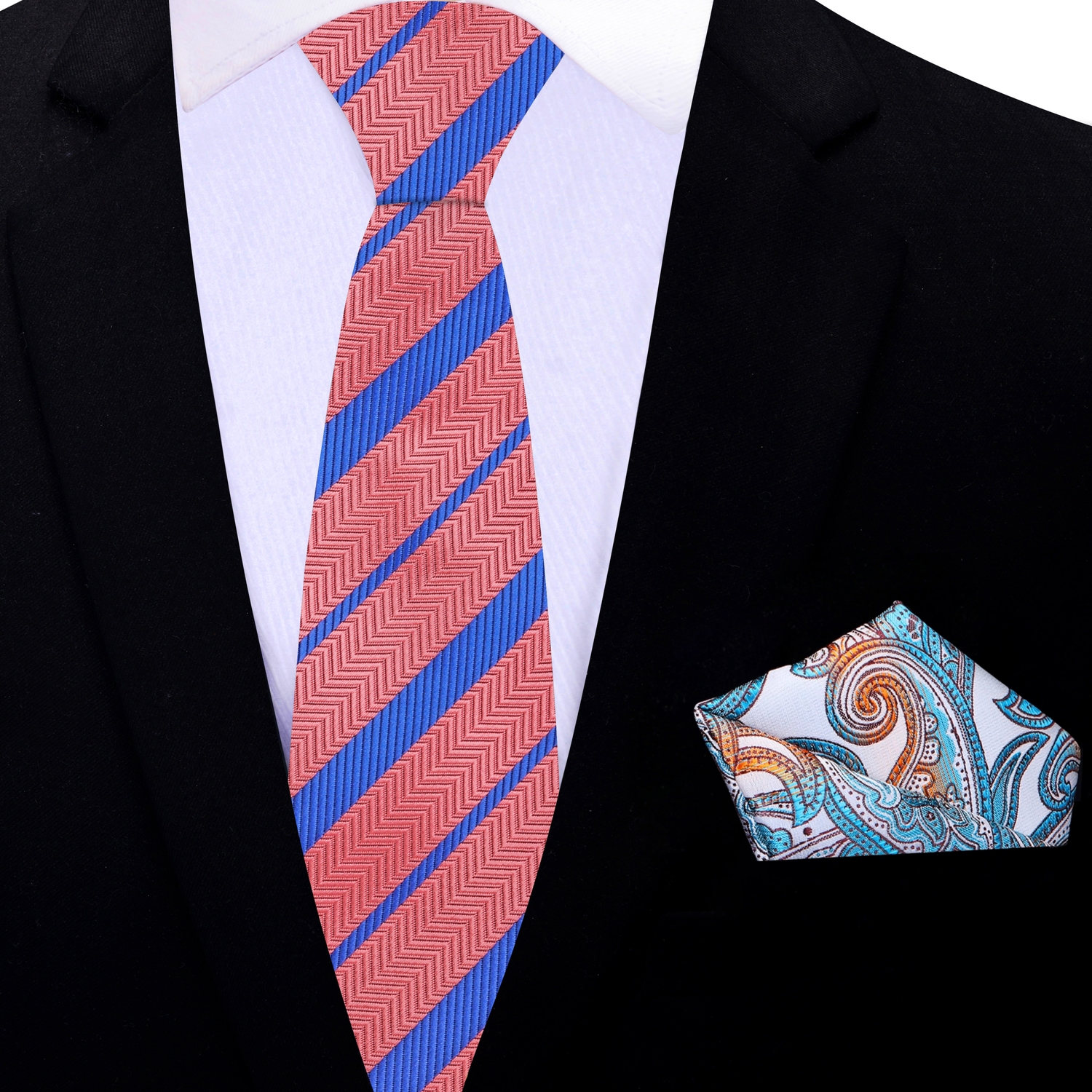 Thin Tie: Orange Blue Stripe Classy Tie with White Orange Blue Paisley Square