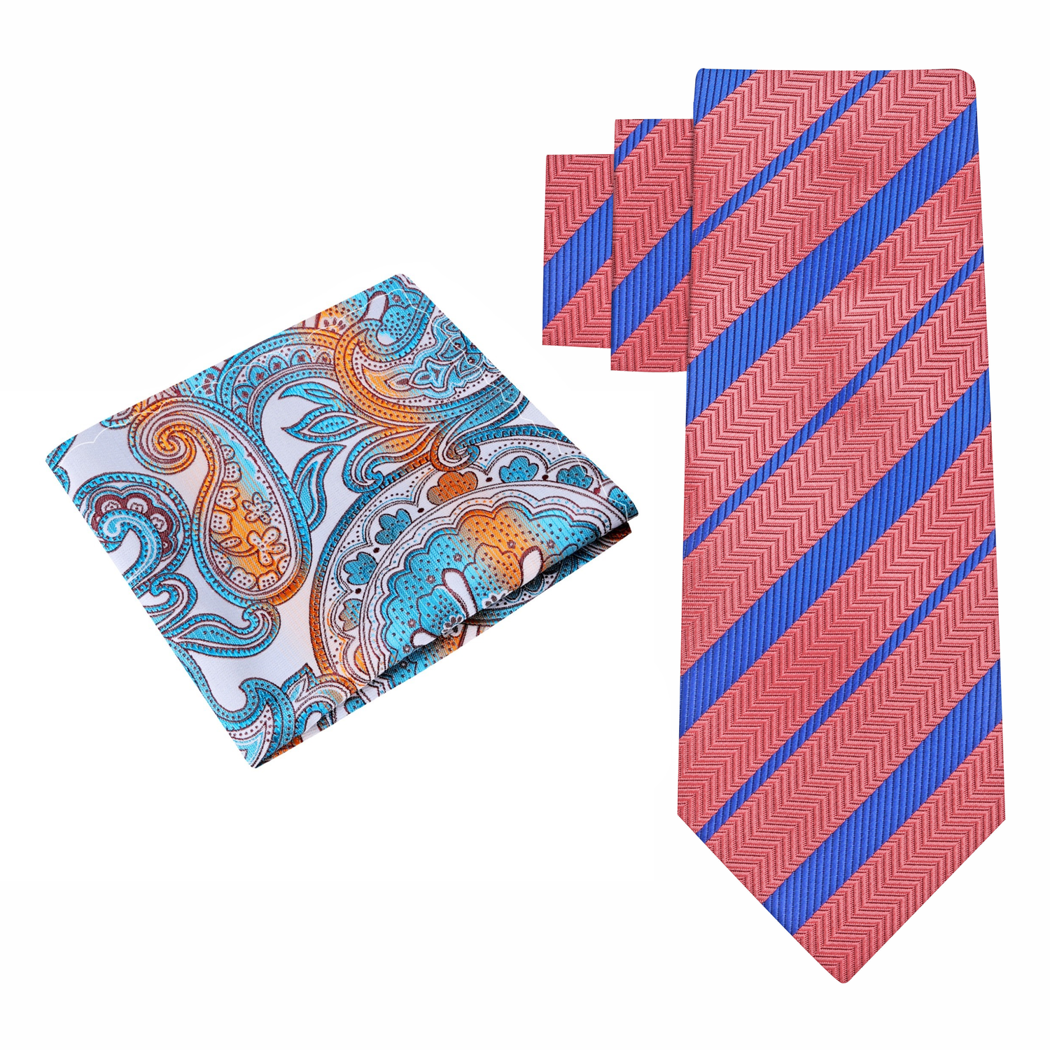 Alt View: Orange Blue Stripe Classy Tie with White Orange Blue Paisley Square