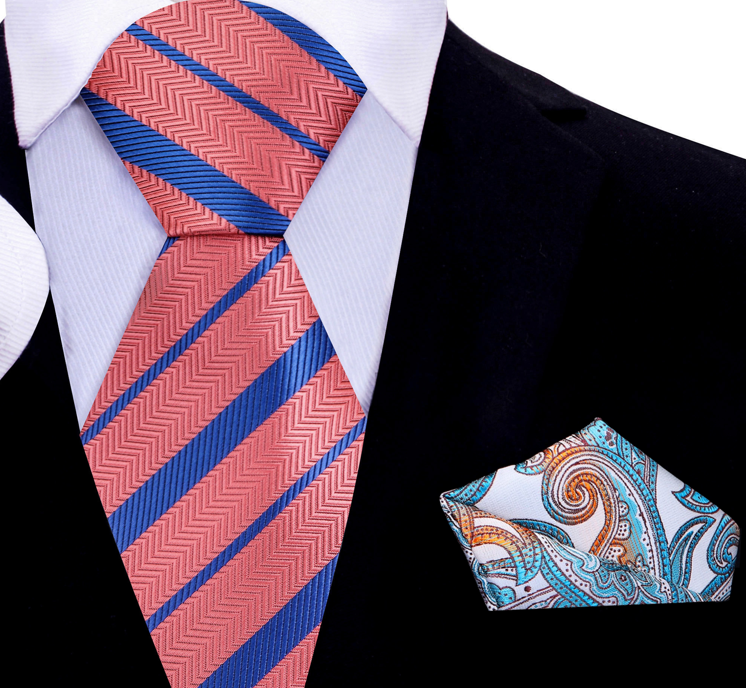 Orange Blue Stripe Classy Tie with White Orange Blue Paisley Square