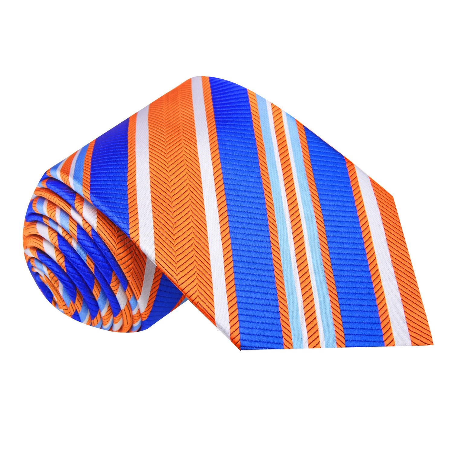 A Orange, Blue, White Stripe Pattern Silk Necktie 