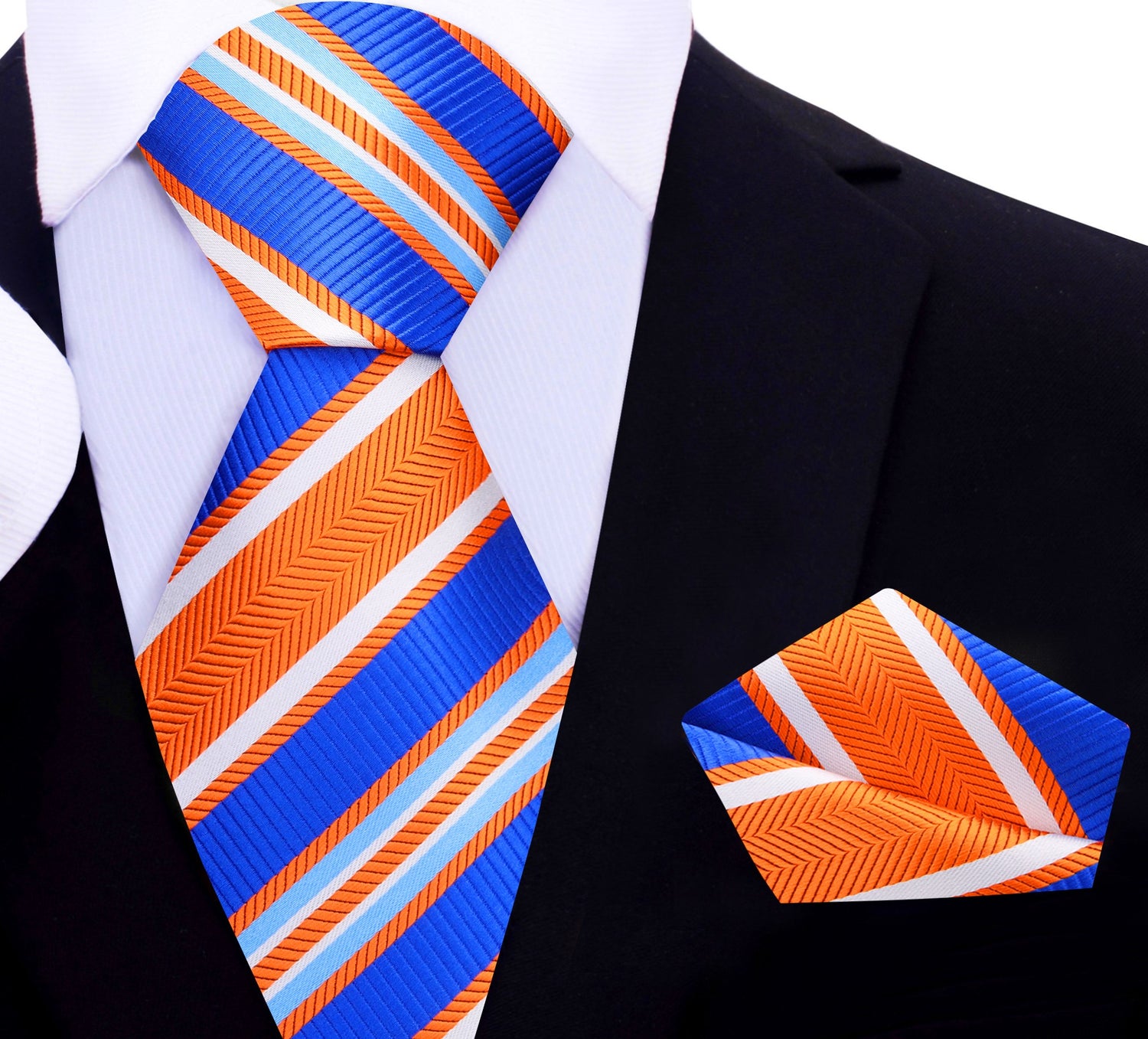 A Orange, Blue, White Stripe Pattern Silk Necktie, Matching Pocket Square