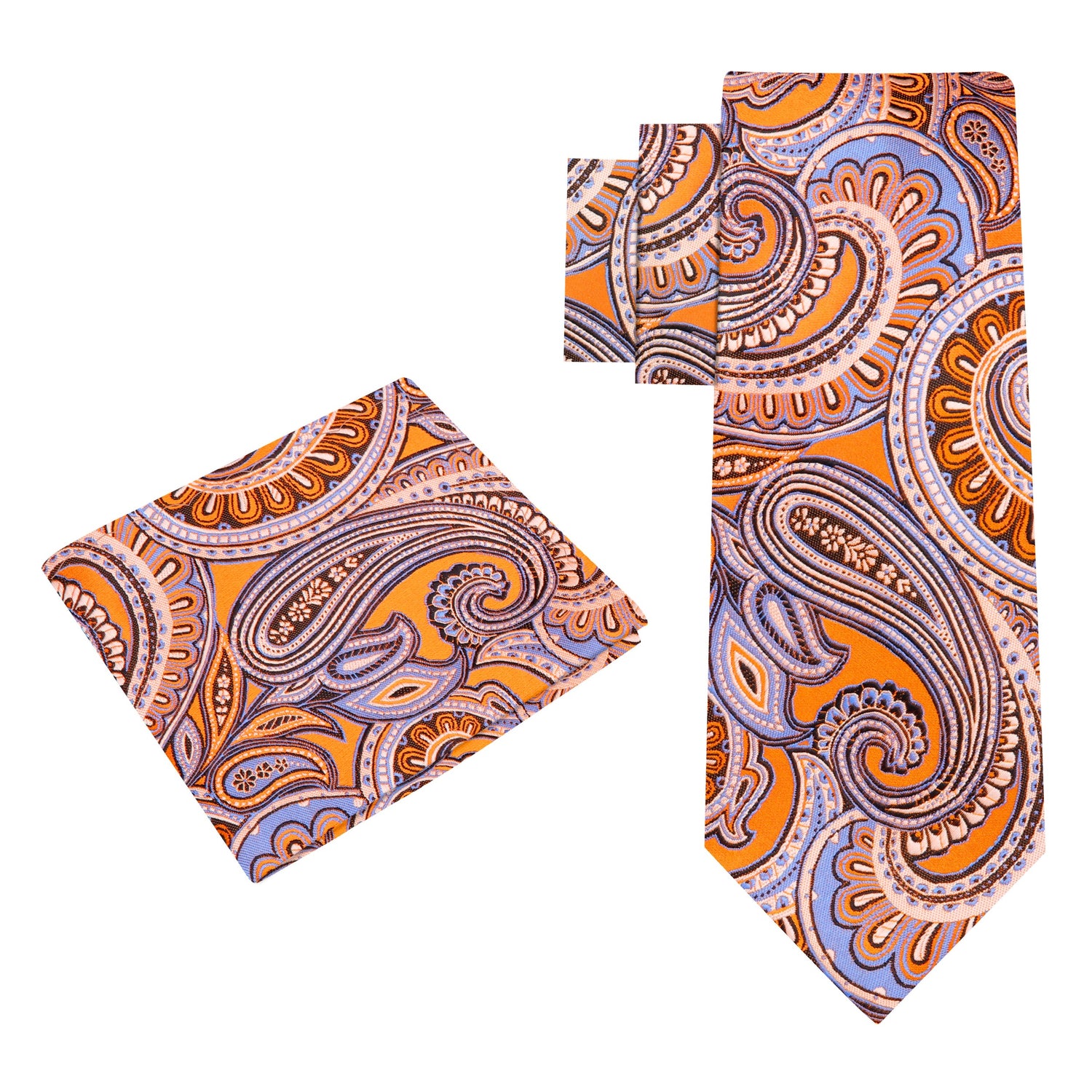 Alt View: A Orange, White Paisley Pattern Silk Necktie, Matching Silk Pocket Square