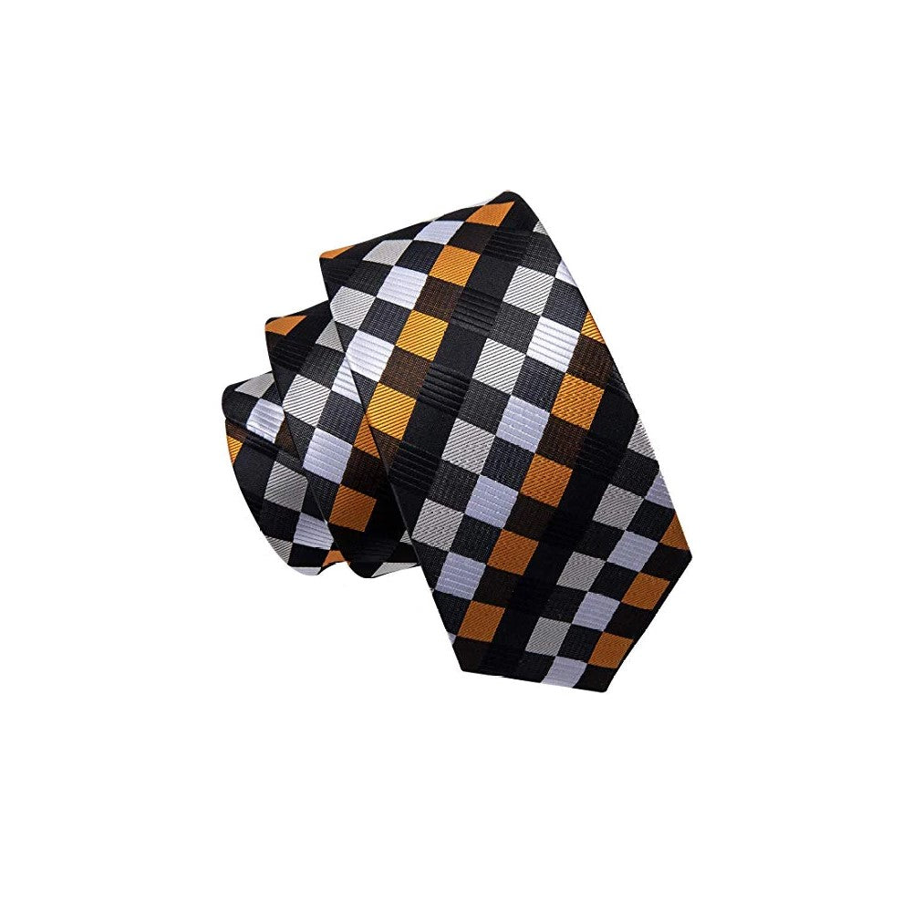 A Orange, Brown, Cream Geometric Diamond Pattern Silk Necktie 