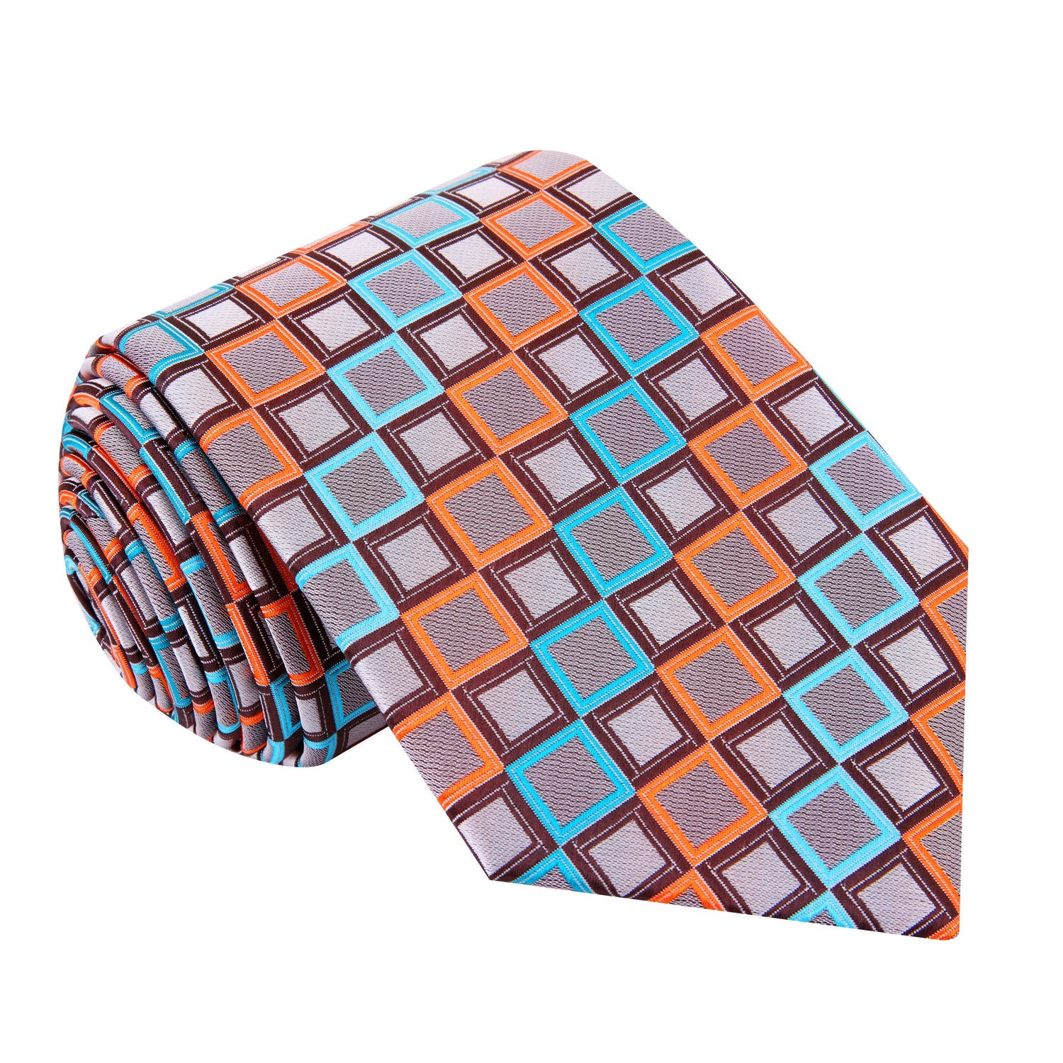 A Light Blue, Brown, Peach Geometric Square Pattern Silk Necktie 