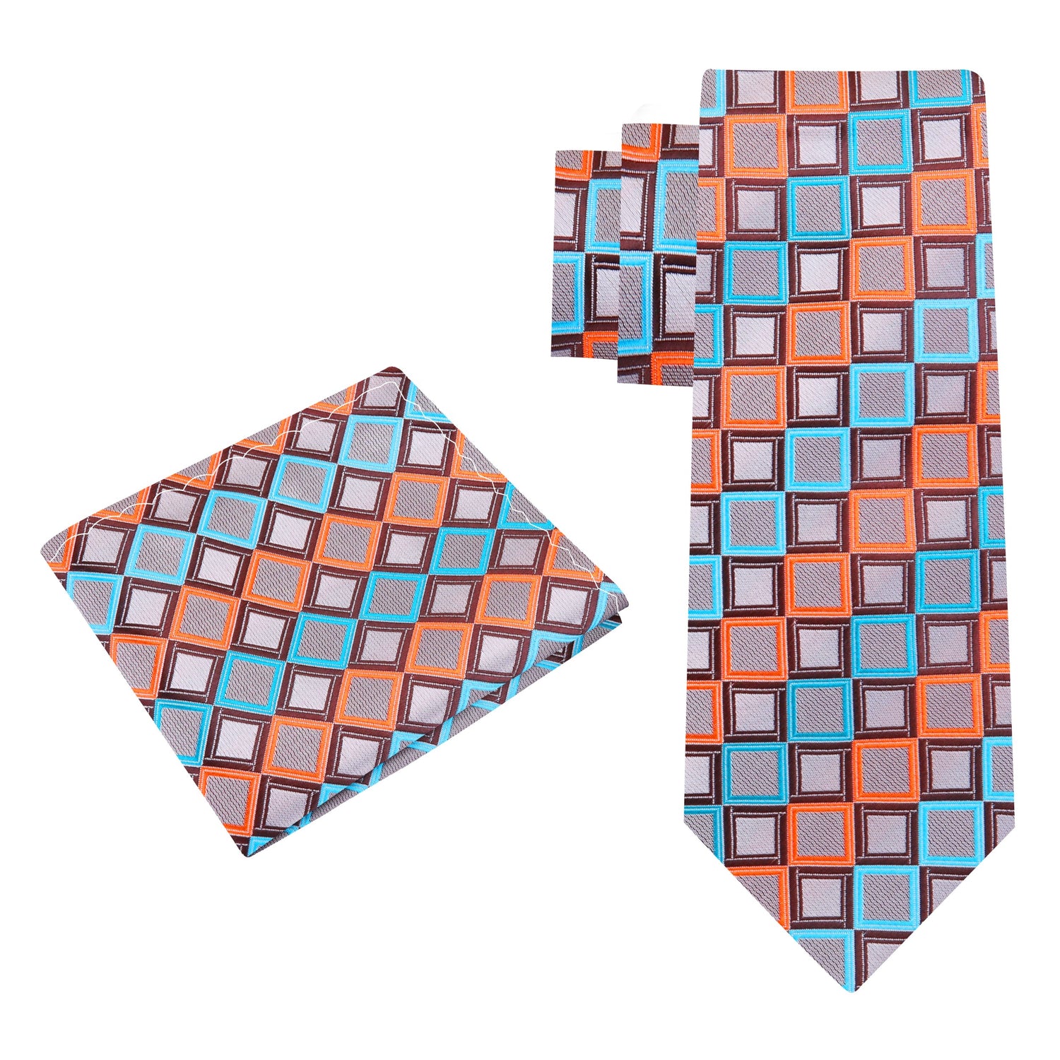 Alt View: A Light Blue, Brown, Peach Geometric Square Pattern Silk Necktie, Matching Pocket Square