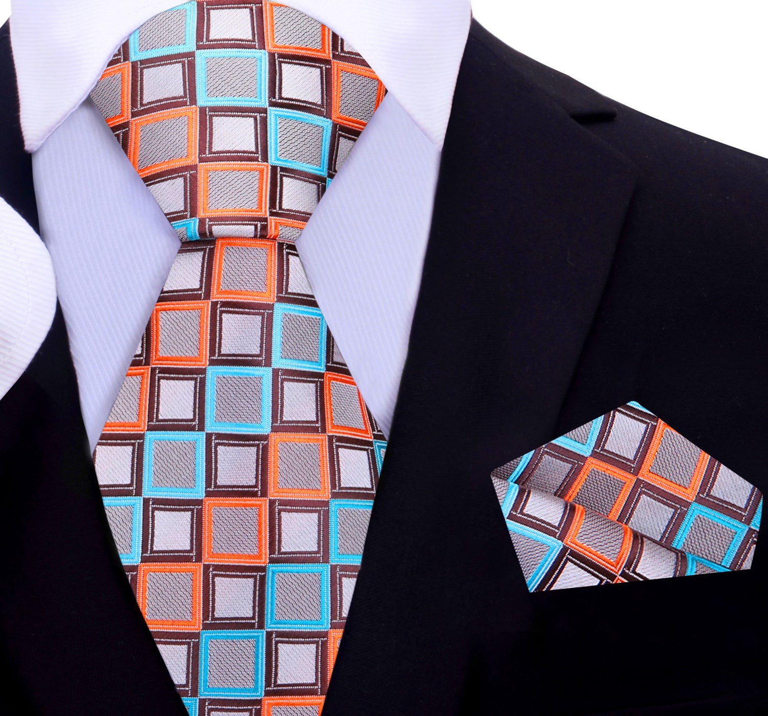 A Light Blue, Brown, Peach Geometric Square Pattern Silk Necktie, Matching Pocket Square