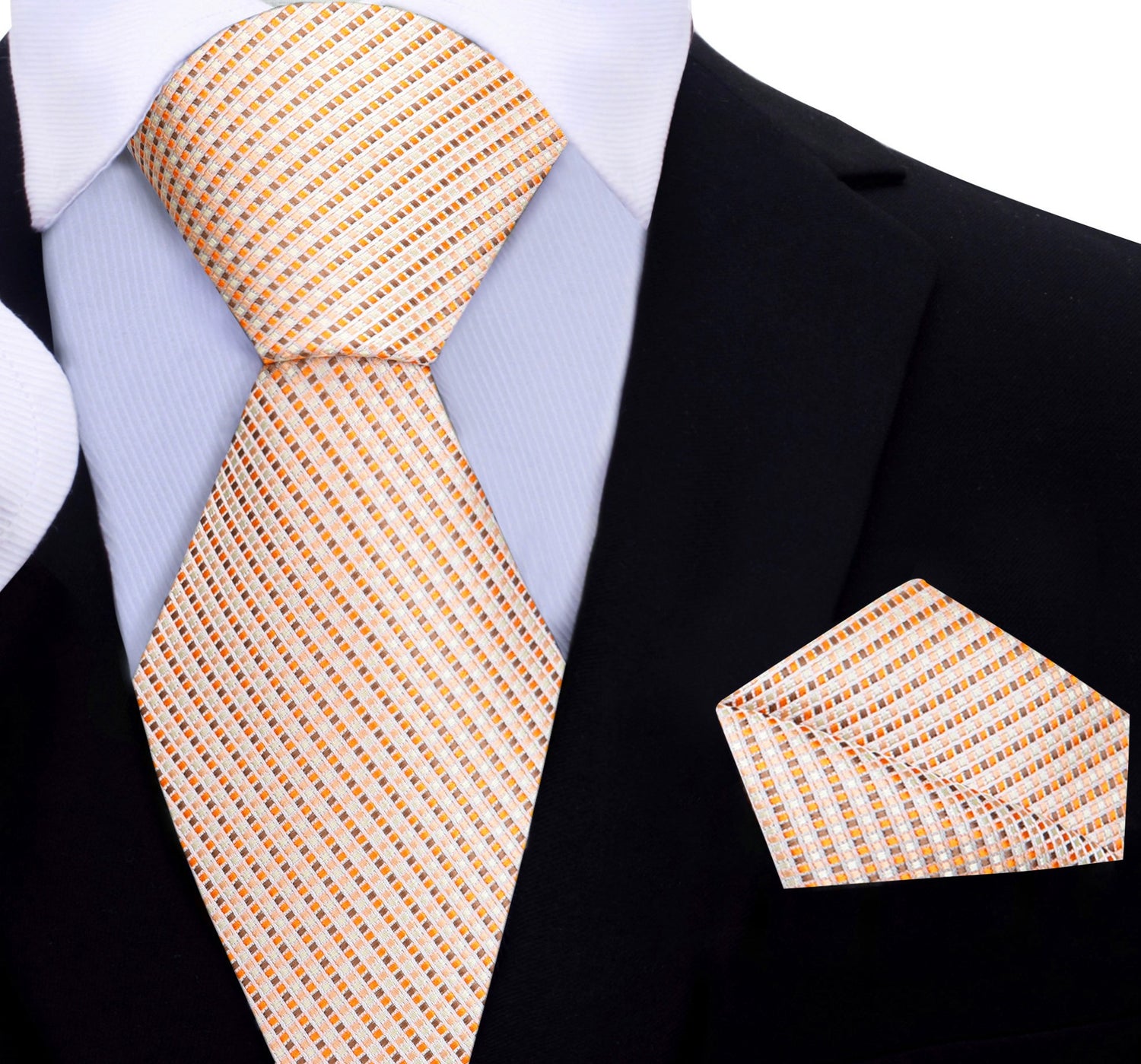 Khaki, Brown, Orange Geometric Metallic Perfection Tie and Pocket Square