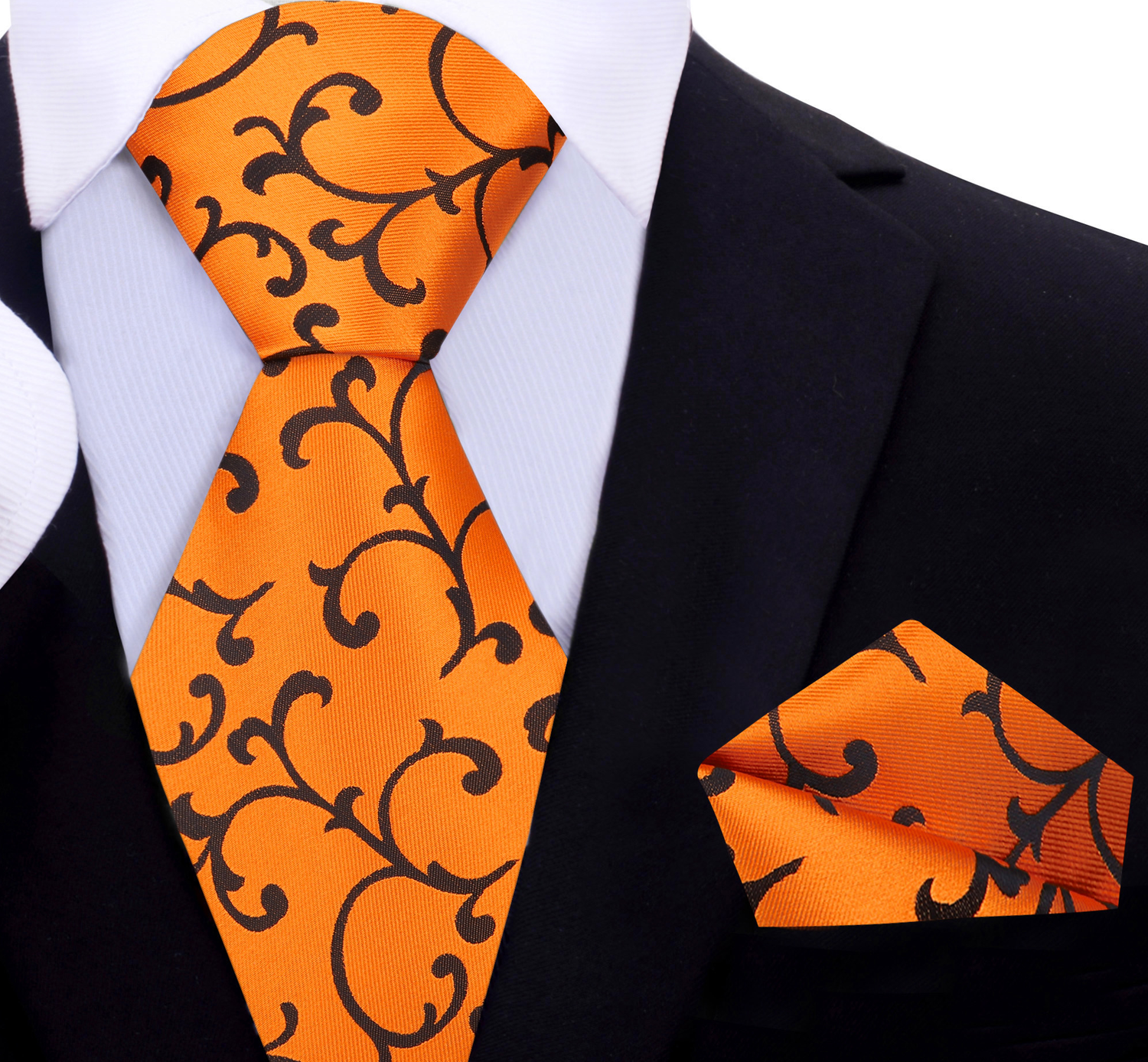 A Orange and Brown Vine Pattern Silk Necktie, Matching Pocket Square