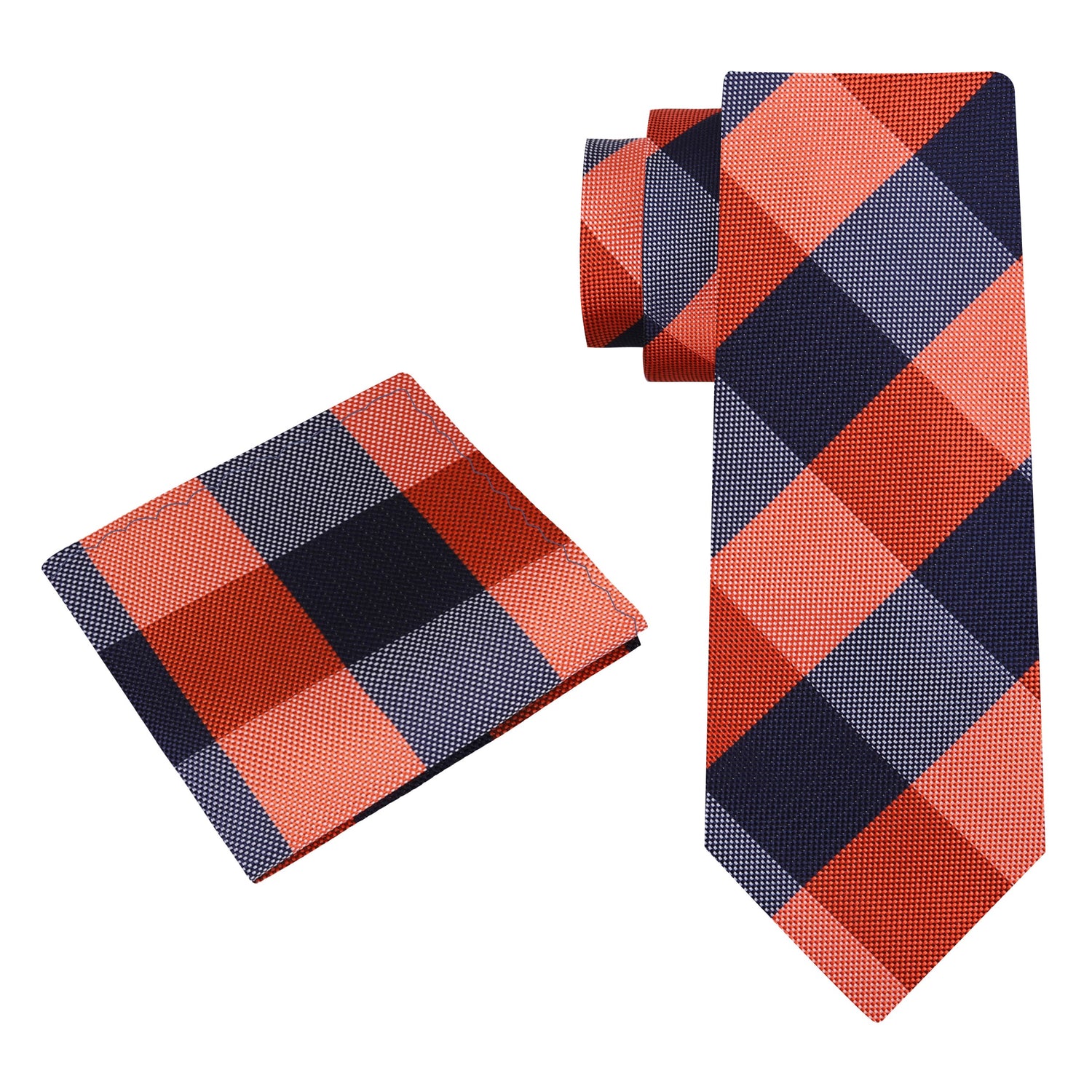 Alt View: A Orange, Blue Plaid Pattern Silk Necktie, Matching Pocket Square