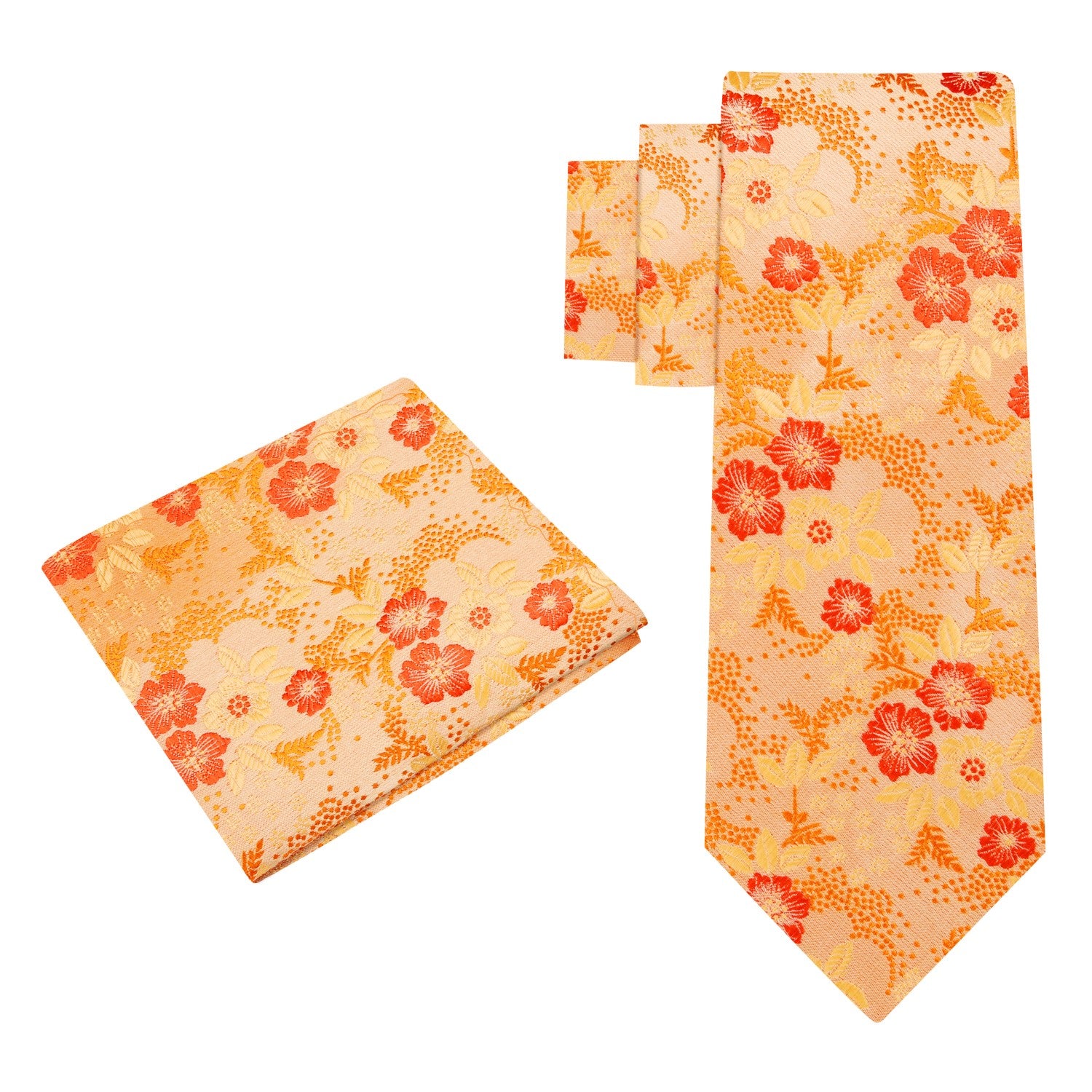 Alt View: A Light Orange, Orange Floral Pattern Necktie With Matching Pocket Square