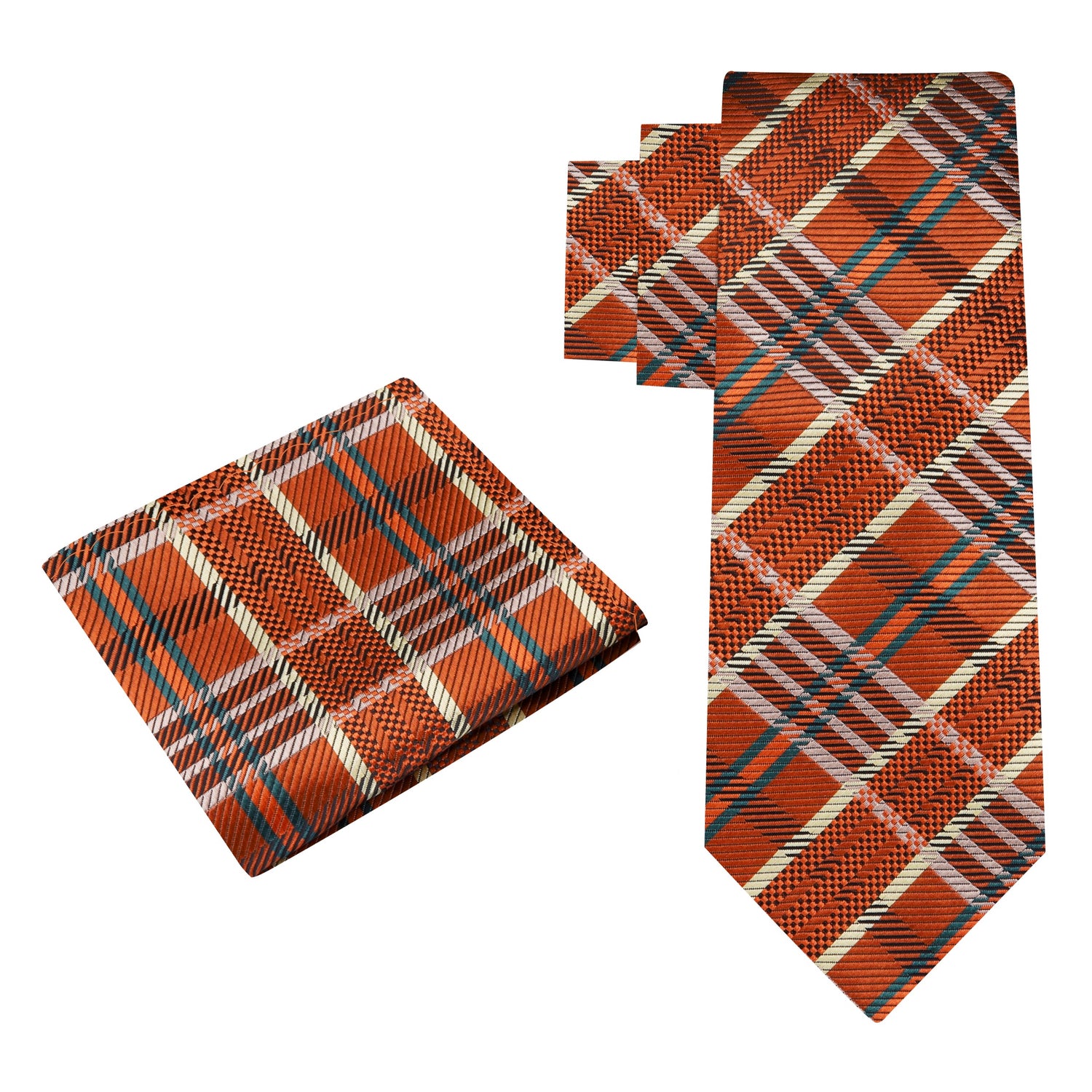 Alt View: A Orange, Yellow, Green, Blue Plaid Pattern Silk Necktie, Matching Pocket Square