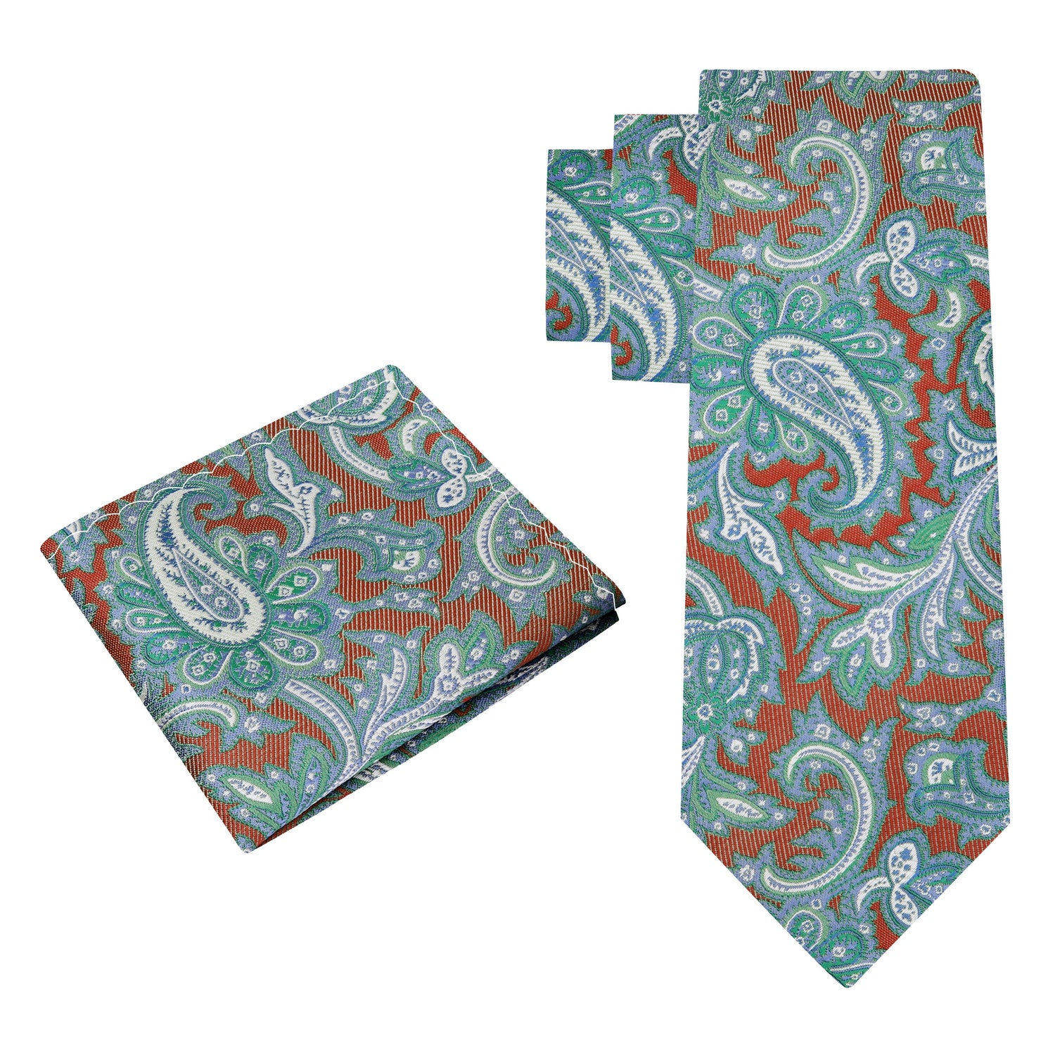 Alt View: A Orange Intricate Paisley Silk Necktie, Matching Pocket Square