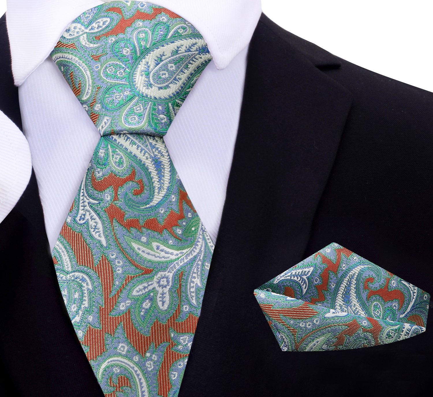 A Orange Intricate Paisley Silk Necktie, Matching Pocket Square