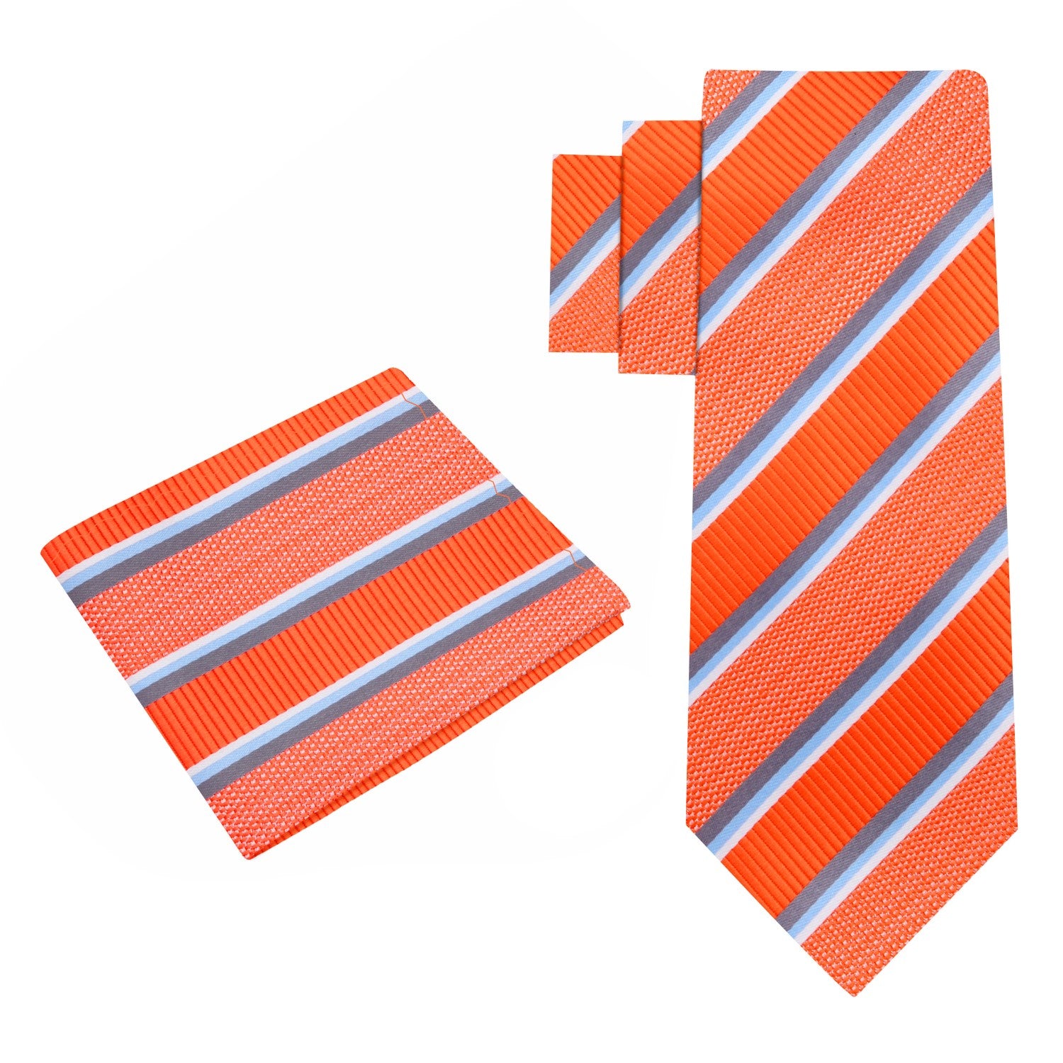 View 2: Orange and Grey Stripe Tie and Pocket Square
