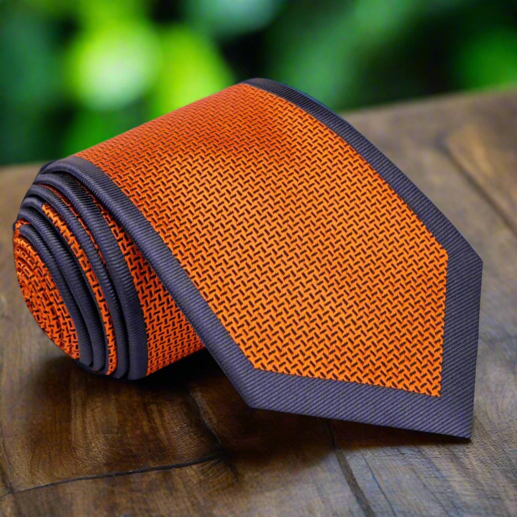 Orange with Crosshatch texture and grey border pattern silk necktie  