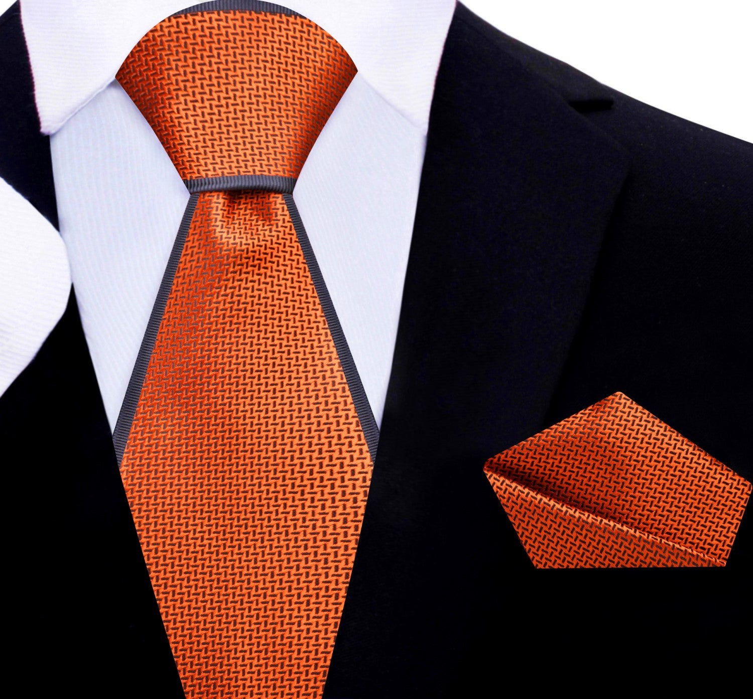 Orange with Crosshatch texture and grey border pattern silk necktie and pocket square