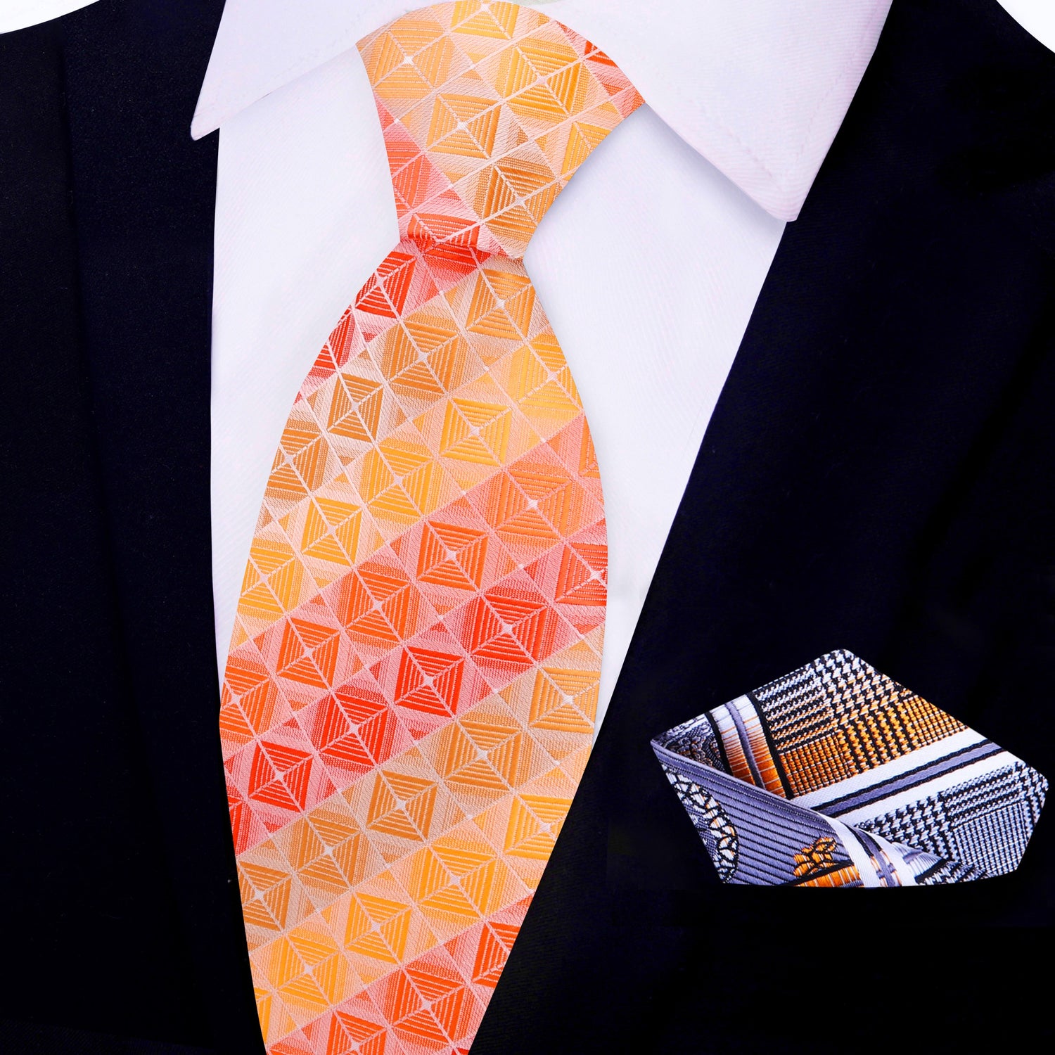 View 2: Shades of Orange Geometric Necktie and Accenting Square