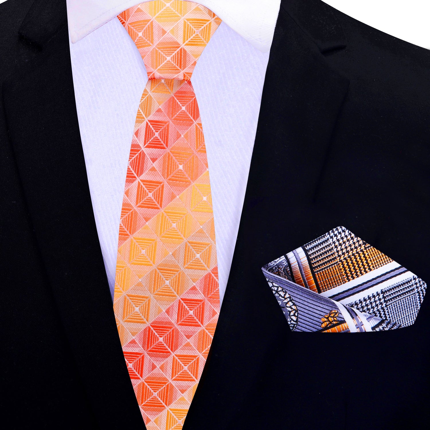 Thin Tie: Shades of Orange Geometric Necktie and Accenting Square