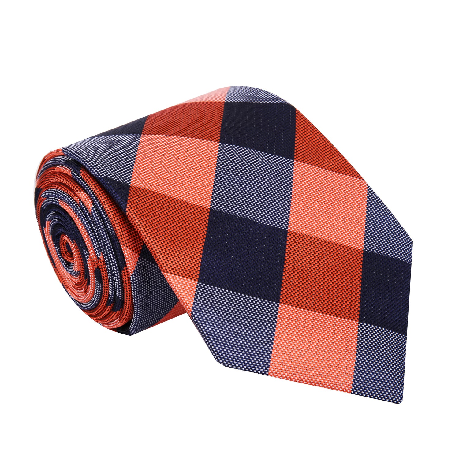 A Orange, Blue Plaid Pattern Silk Necktie 