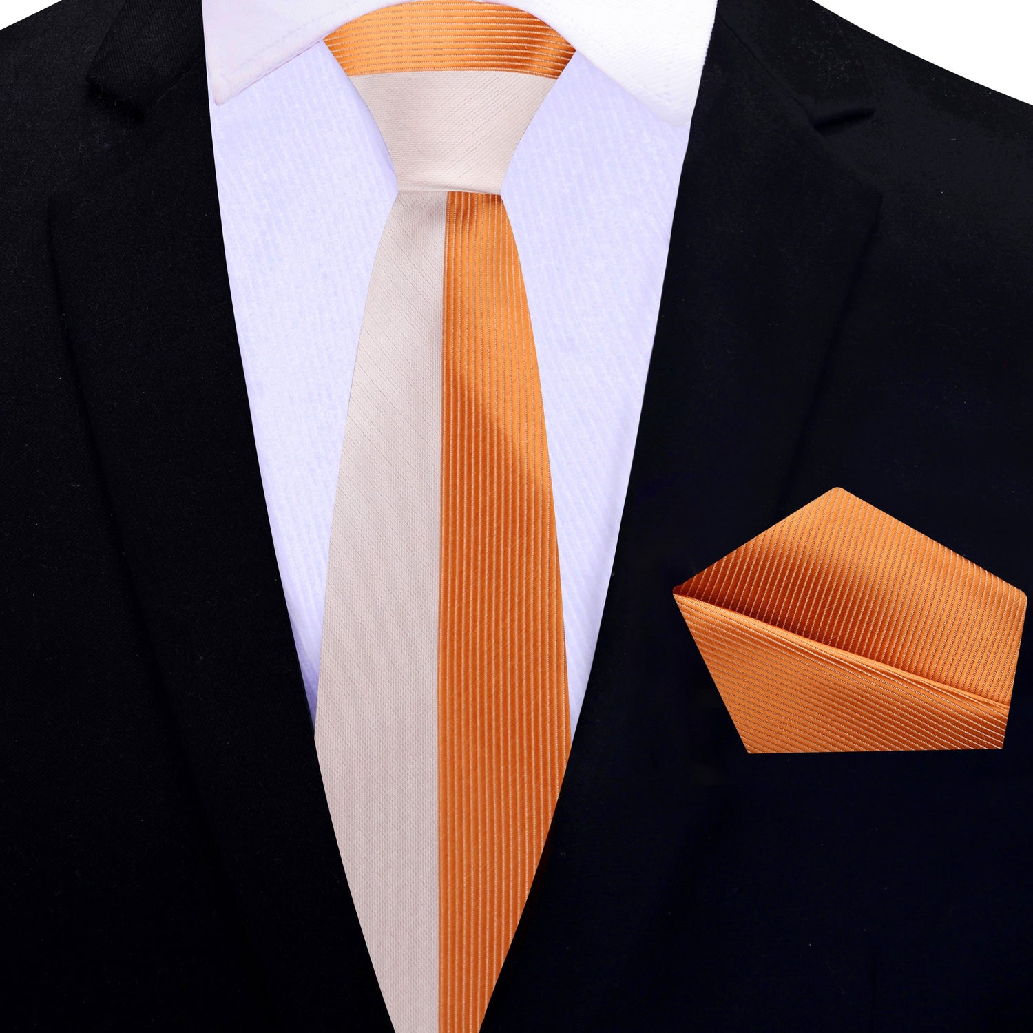 Thin Tie View: Light Orange, Orange Stripe Silk Necktie and Pocket Square