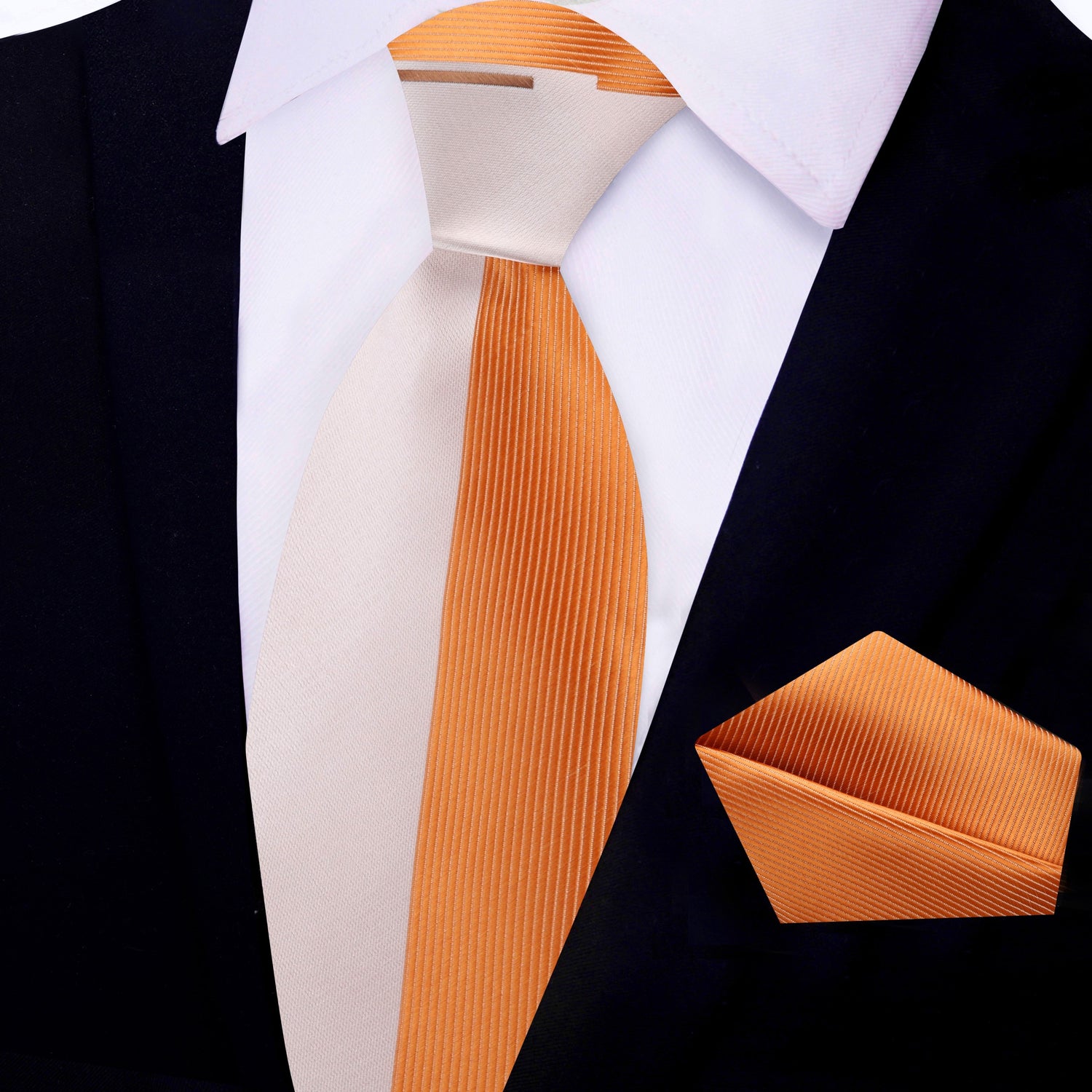 View 1: Light Orange, Orange Stripe Silk Necktie and Pocket Square