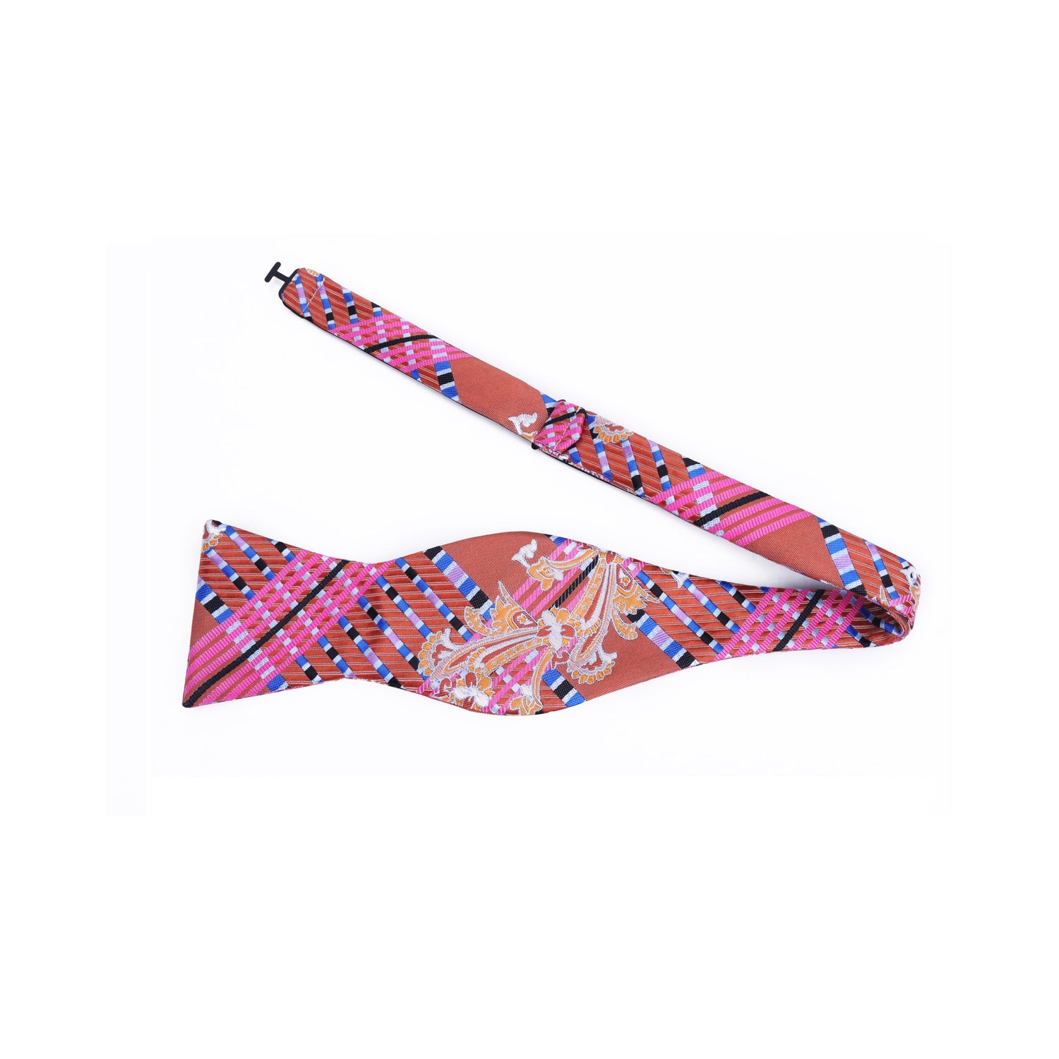 A Peach, Pink Abstract Intricate Floral and Paisley Pattern Silk Self Tie Bow Tie Untied
