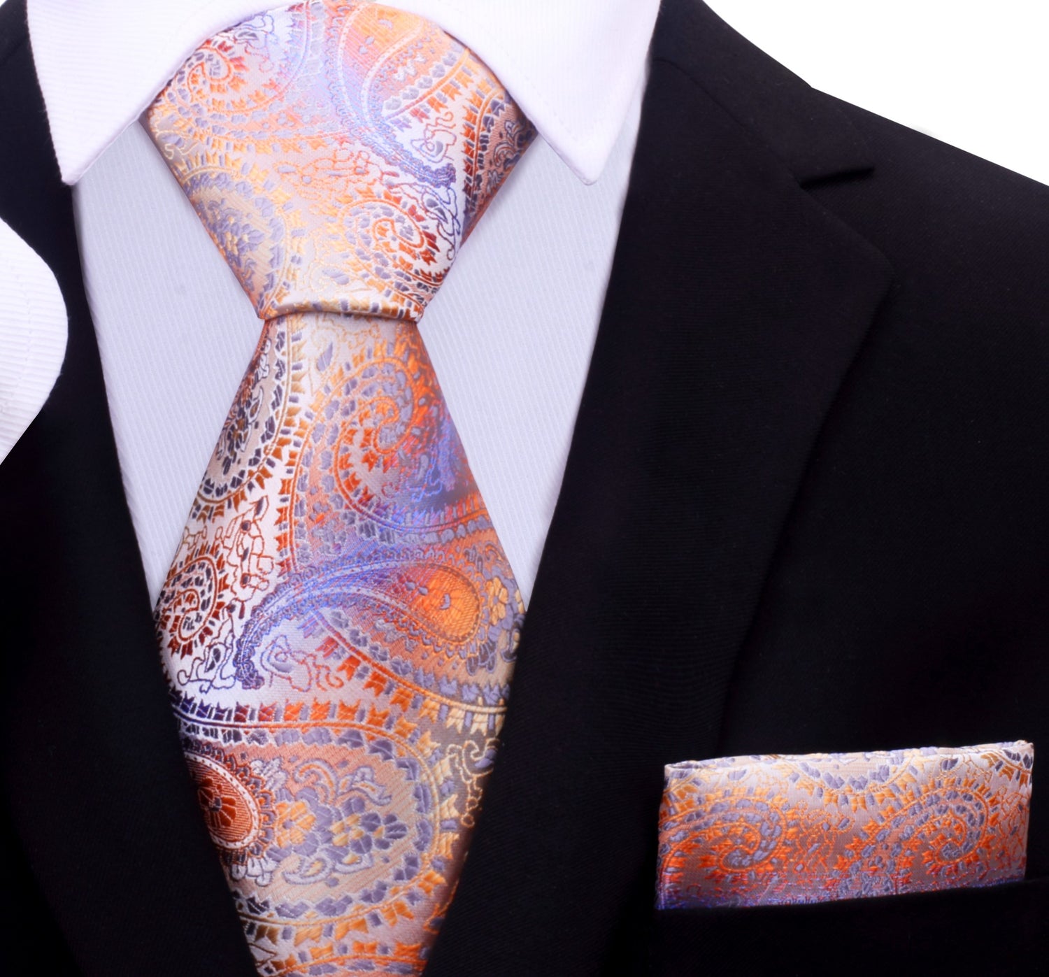 A Peach, Purple Paisley Pattern Necktie With Matching Pocket Square