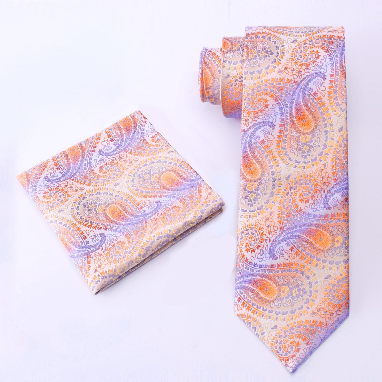 Alt View: A Peach, Purple Paisley Pattern Necktie With Matching Pocket Square