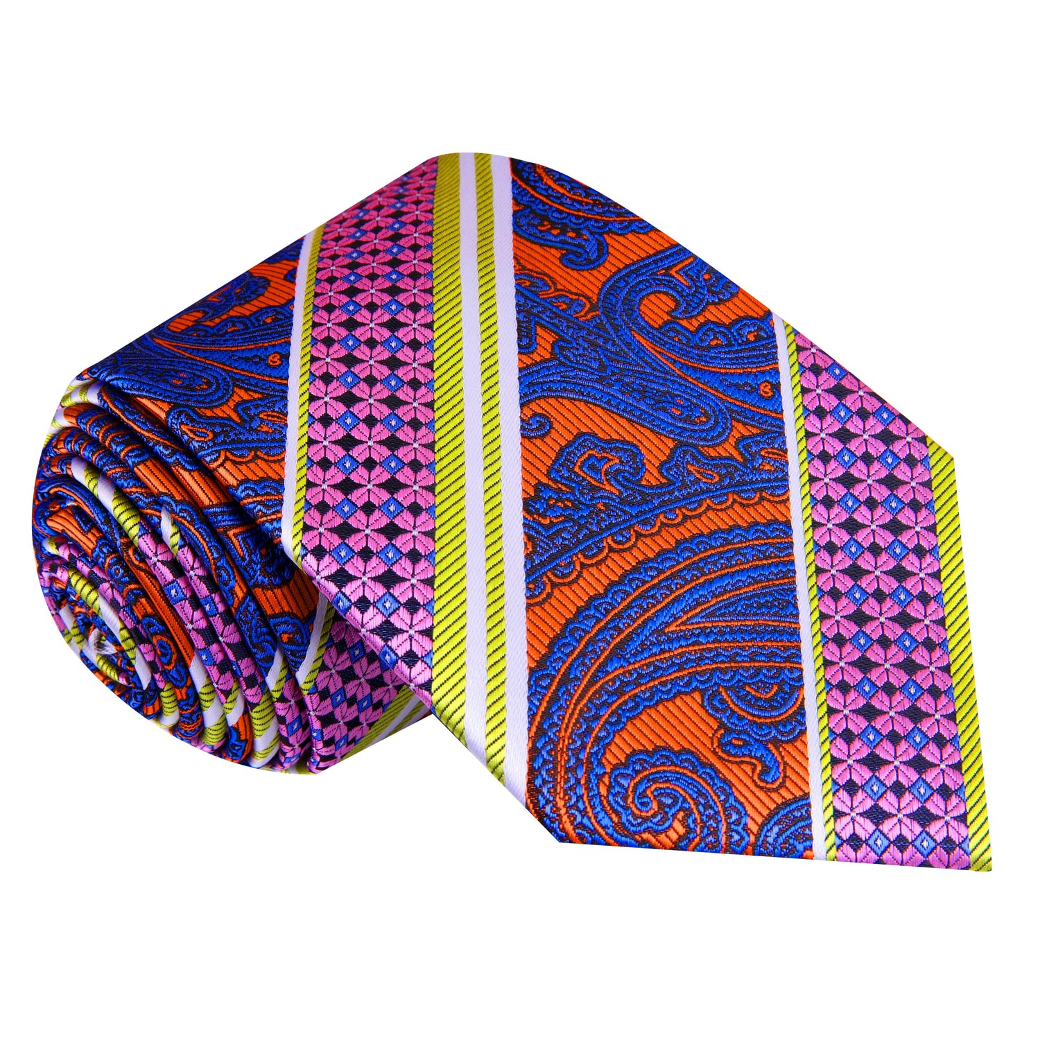 A Lime, Orange, Purple, Blue Paisley Pattern Silk Necktie, 