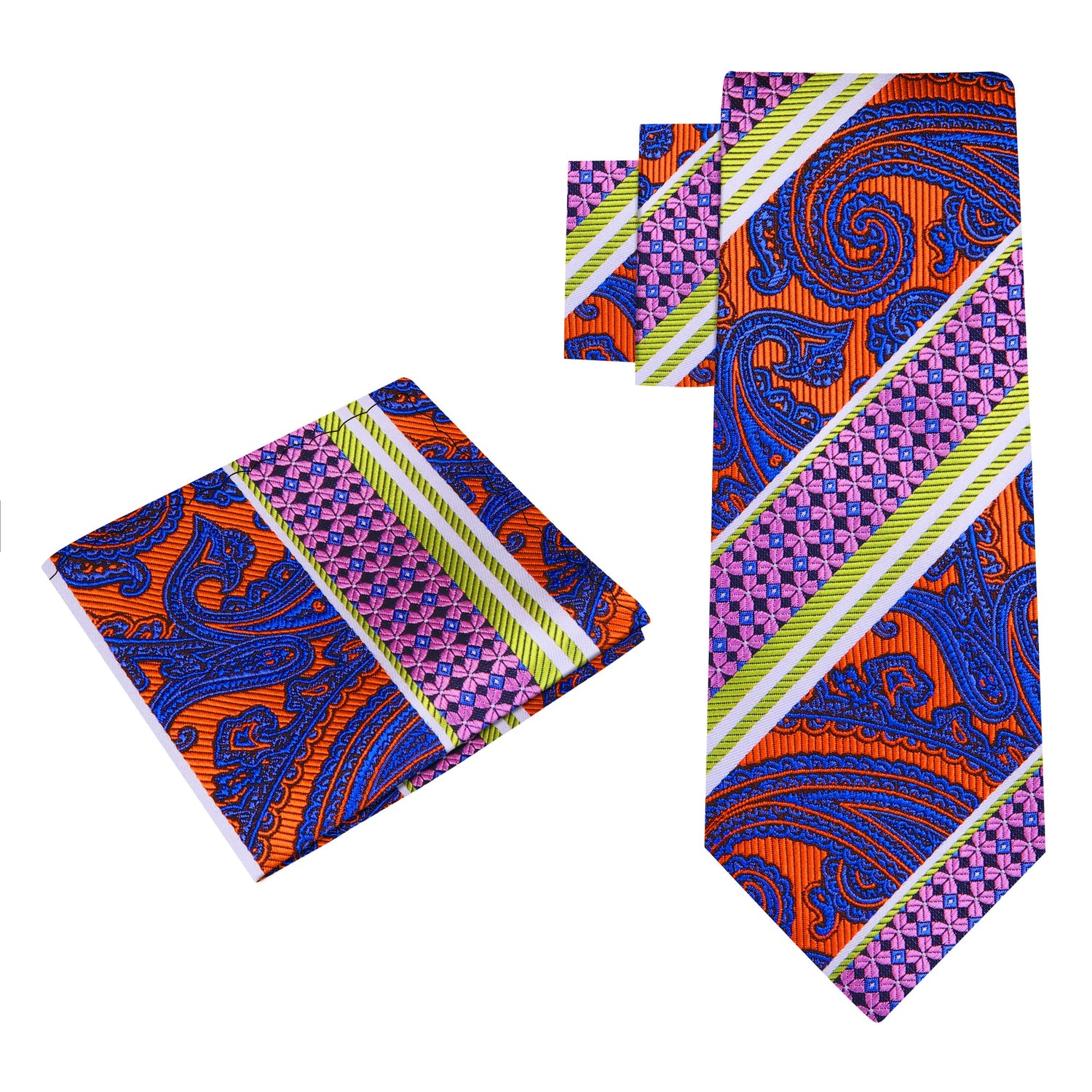 Alt View: A Lime, Orange, Purple, Blue Paisley Pattern Silk Necktie, Matching Pocket Square