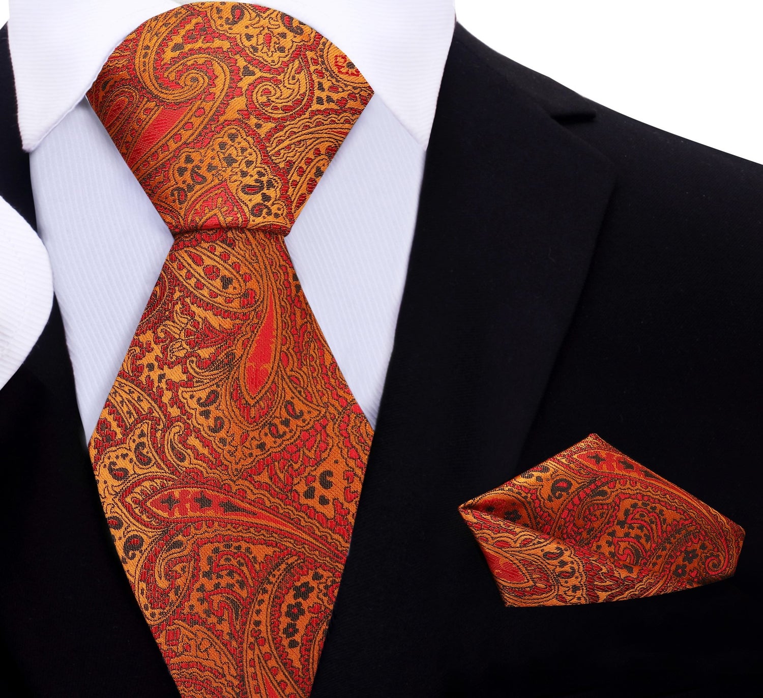 A Orange, Copper Paisley Pattern Silk Necktie, Matching Pocket Square