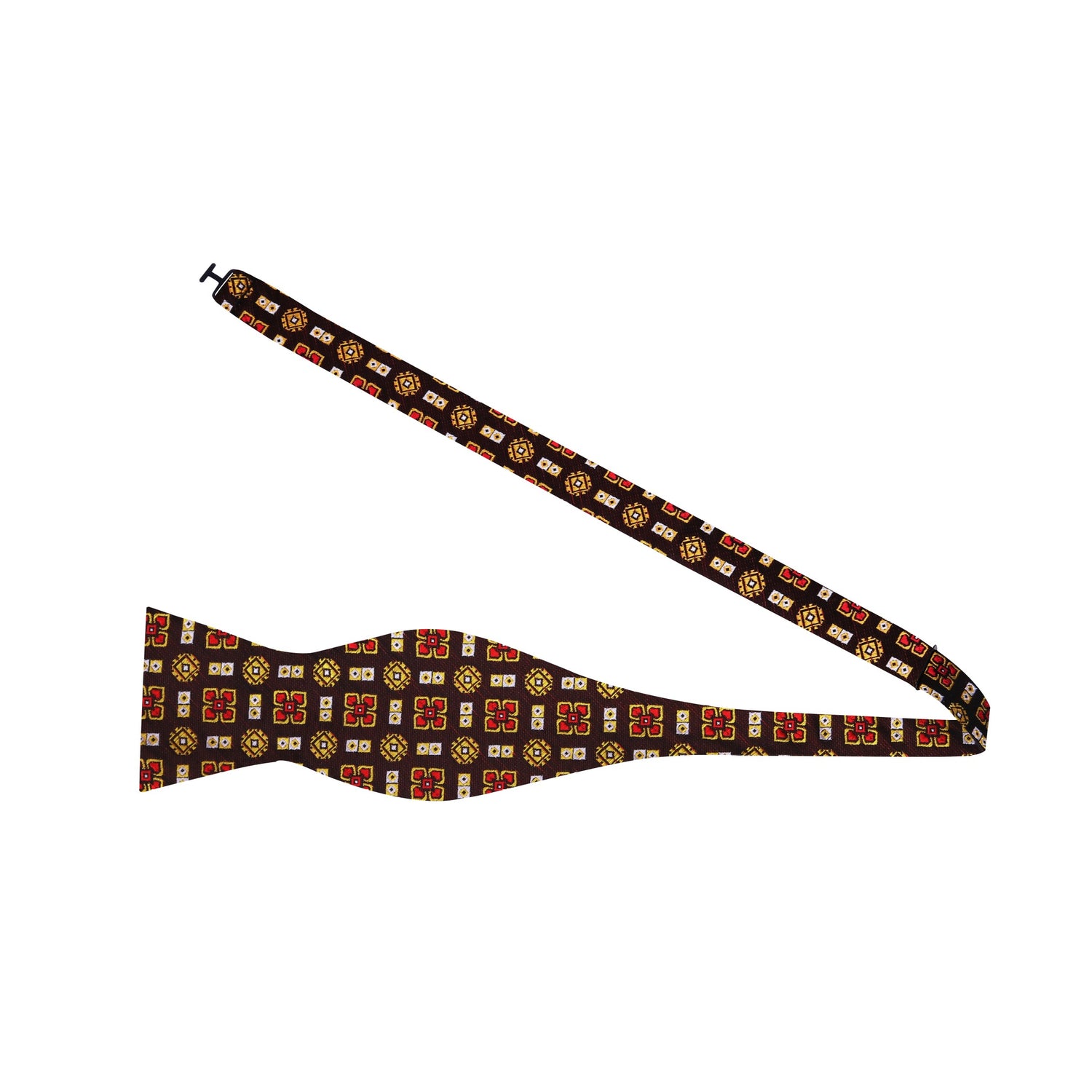 Self Tie View: A Yellow, Red, Brown Geometric Shapes Pattern Silk Self Tie Bow Tie