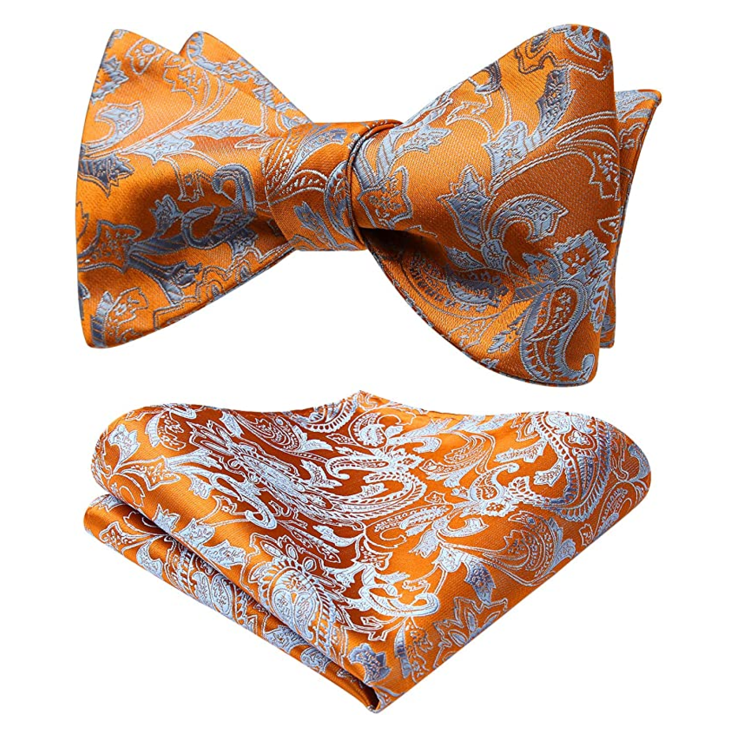 Orange and Silver Paisley Self Tie Bow Tie and Square view 2