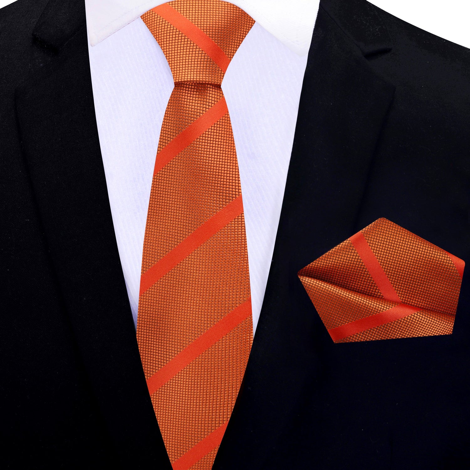 Thin Tie: Pumpkin Orange Stripe Silk Necktie and Pocket Square